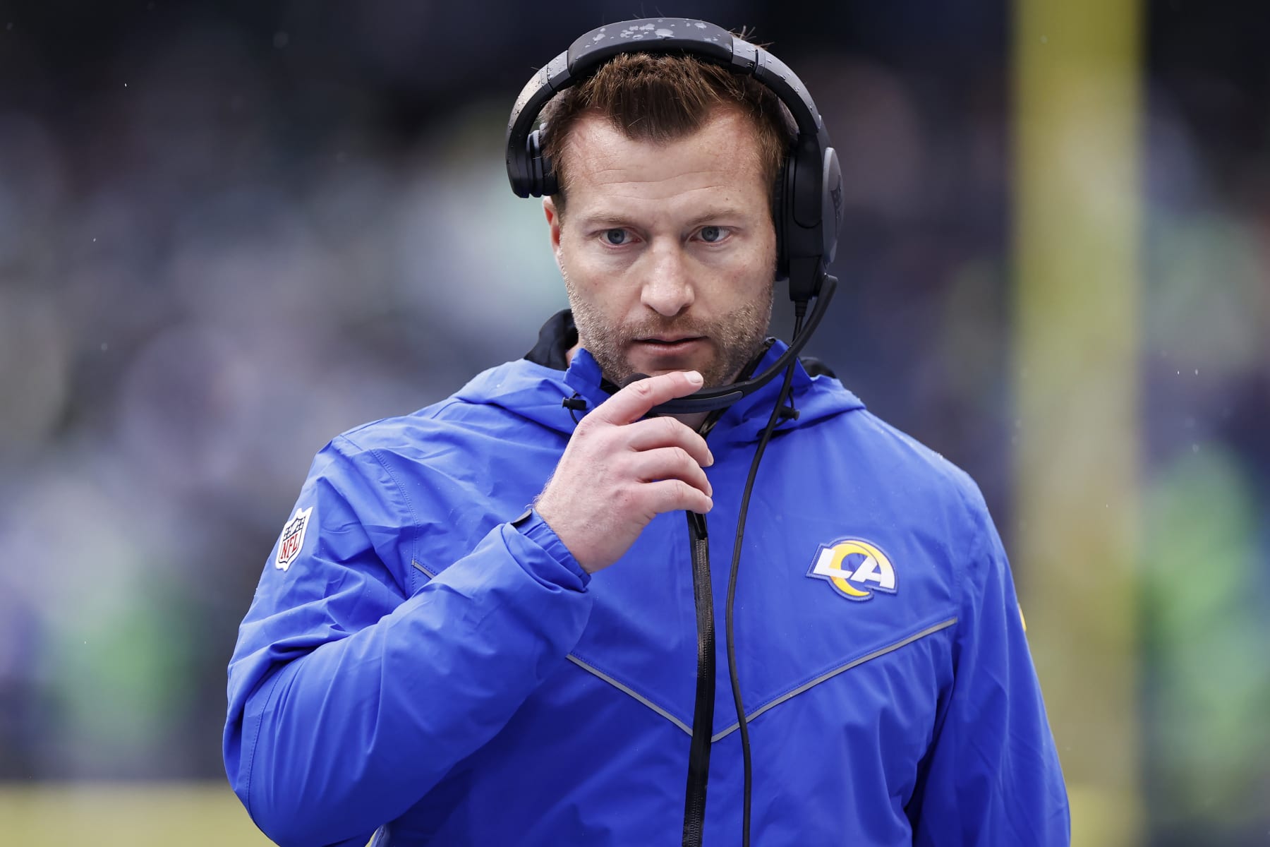 SEATTLE, WASHINGTON - JANUARY 08: Head coach Sean McVay of the Los Angeles Rams looks on during the second quarter against the Seattle Seahawks at Lumen Field on January 08, 2023 in Seattle, Washington. (Photo by Steph Chambers/Getty Images)