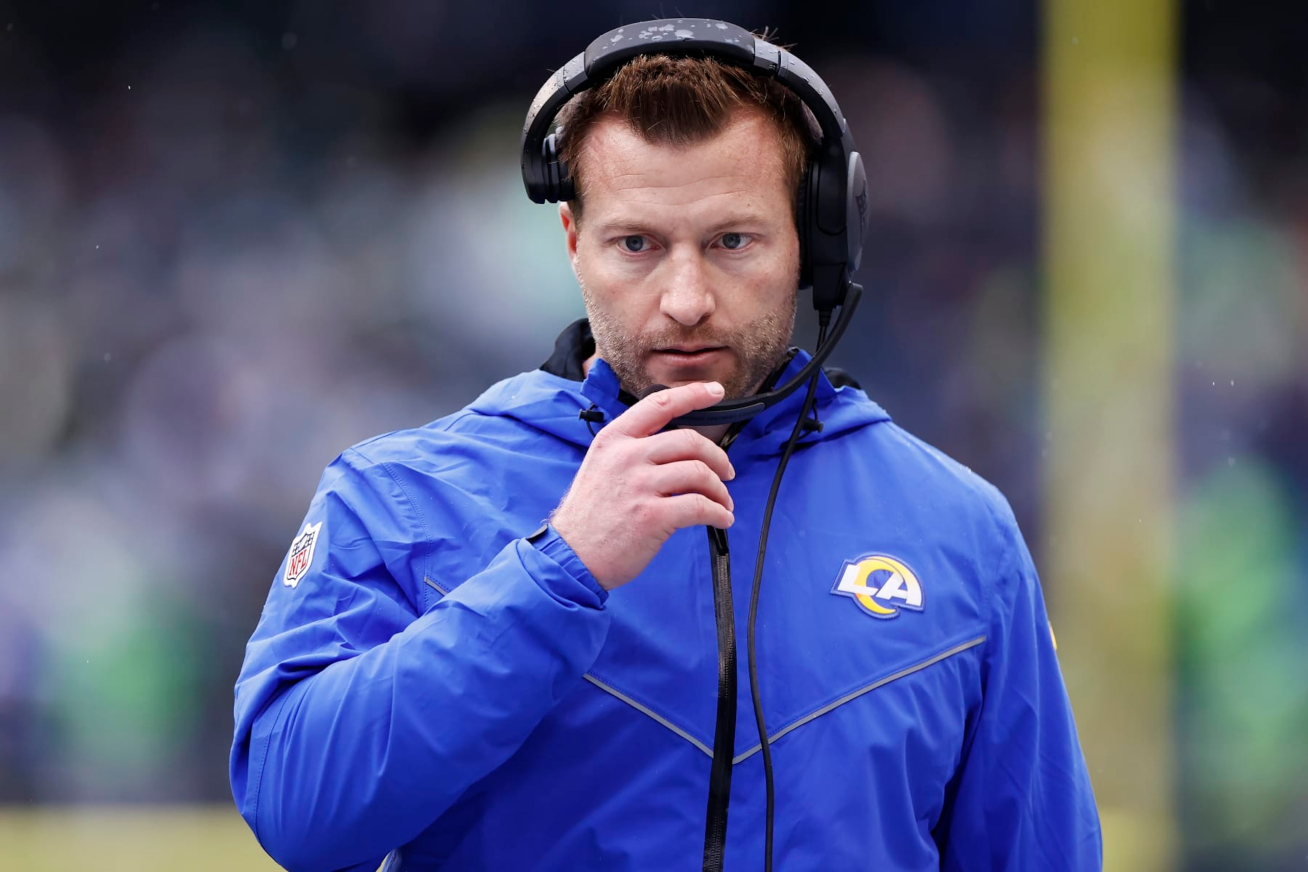 SEATTLE, WASHINGTON - JANUARY 08: Head coach Sean McVay of the Los Angeles Rams looks on during the second quarter against the Seattle Seahawks at Lumen Field on January 08, 2023 in Seattle, Washington. (Photo by Steph Chambers/Getty Images)