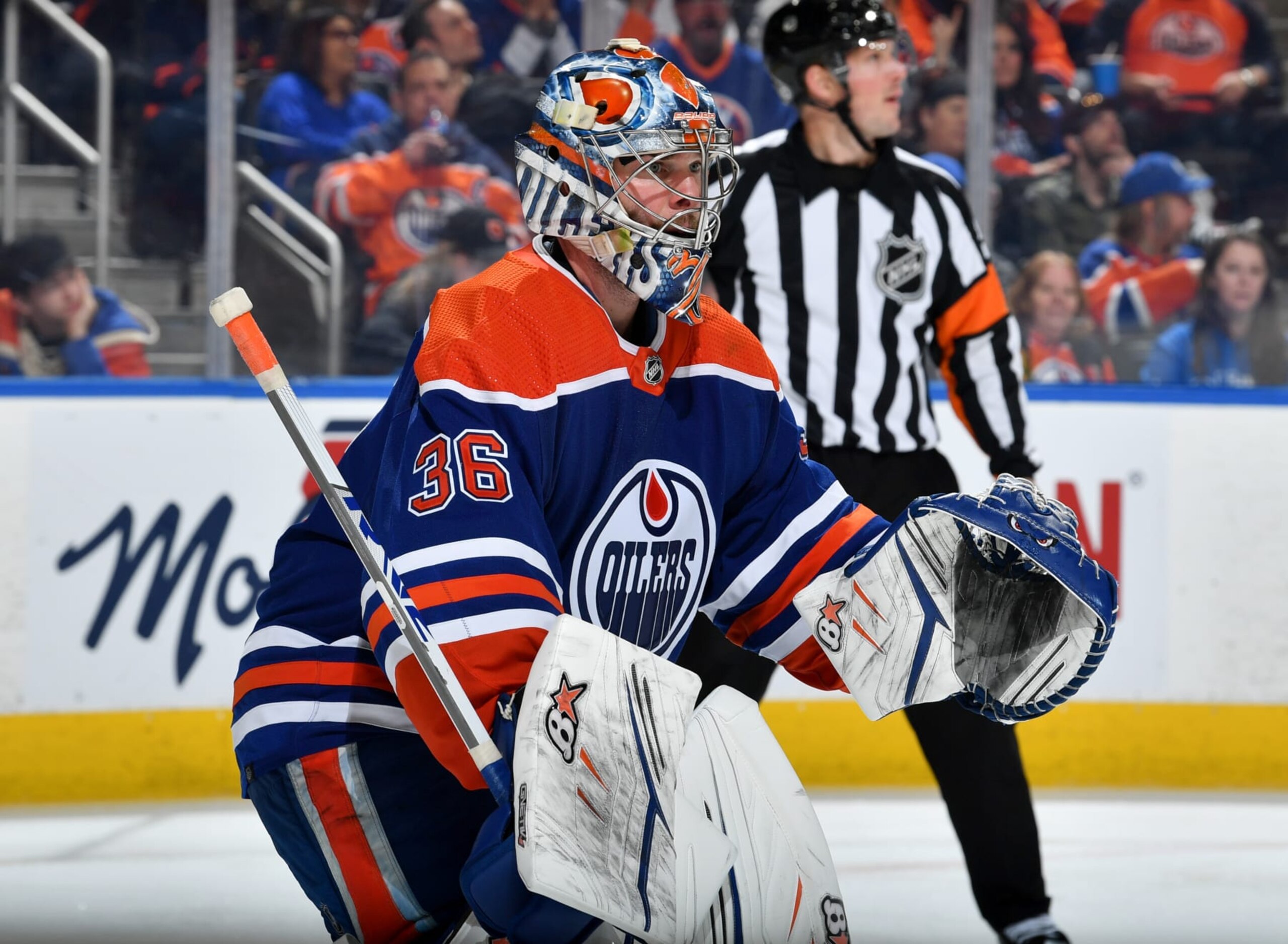 EDMONTON, CANADA - JANUARY 5: Jack Campbell #36 of the Edmonton Oilers tracks the play during the game against the New York Islanders on January 5, 2023 at Rogers Place in Edmonton, Alberta, Canada. (Photo by Andy Devlin/NHLI via Getty Images)