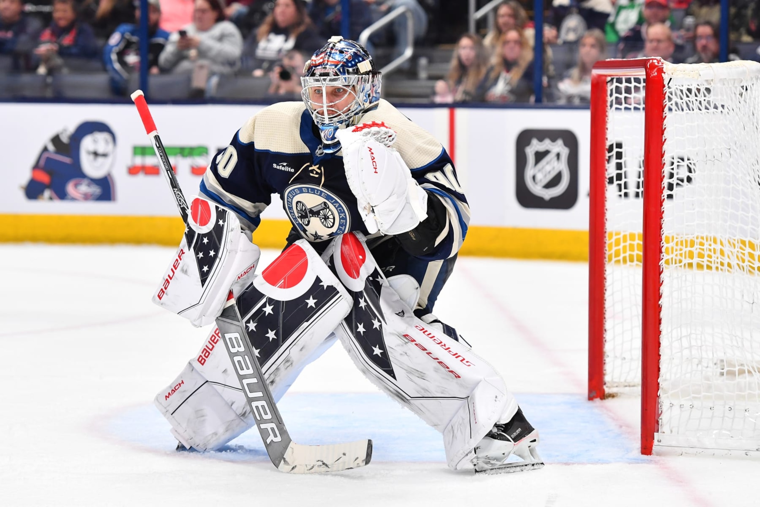 COLUMBUS, OHIO - JANUARY 5: Goaltender Elvis Merzlikins #90 of the Columbus Blue Jackets defends the net during the second period of a game against the Washington Capitals at Nationwide Arena on January 5, 2023 in Columbus, Ohio. (Photo by Ben Jackson/NHLI via Getty Images)