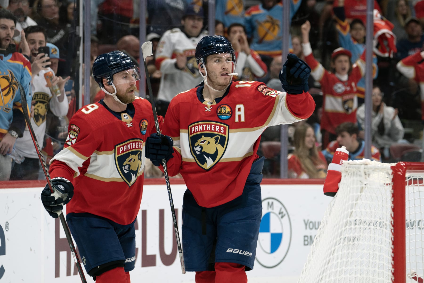 SUNRISE, FL - JANUARY 03: Matthew Tkachuk #19 of the Florida Panthers celebrates a goal during the game between the Florida Panthers and the Arizona Coyotes at FLA Live Arena in Sunrise, FL on January 3, 2023. (Photo by Jason Mowry/Icon Sportswire via Getty Images)