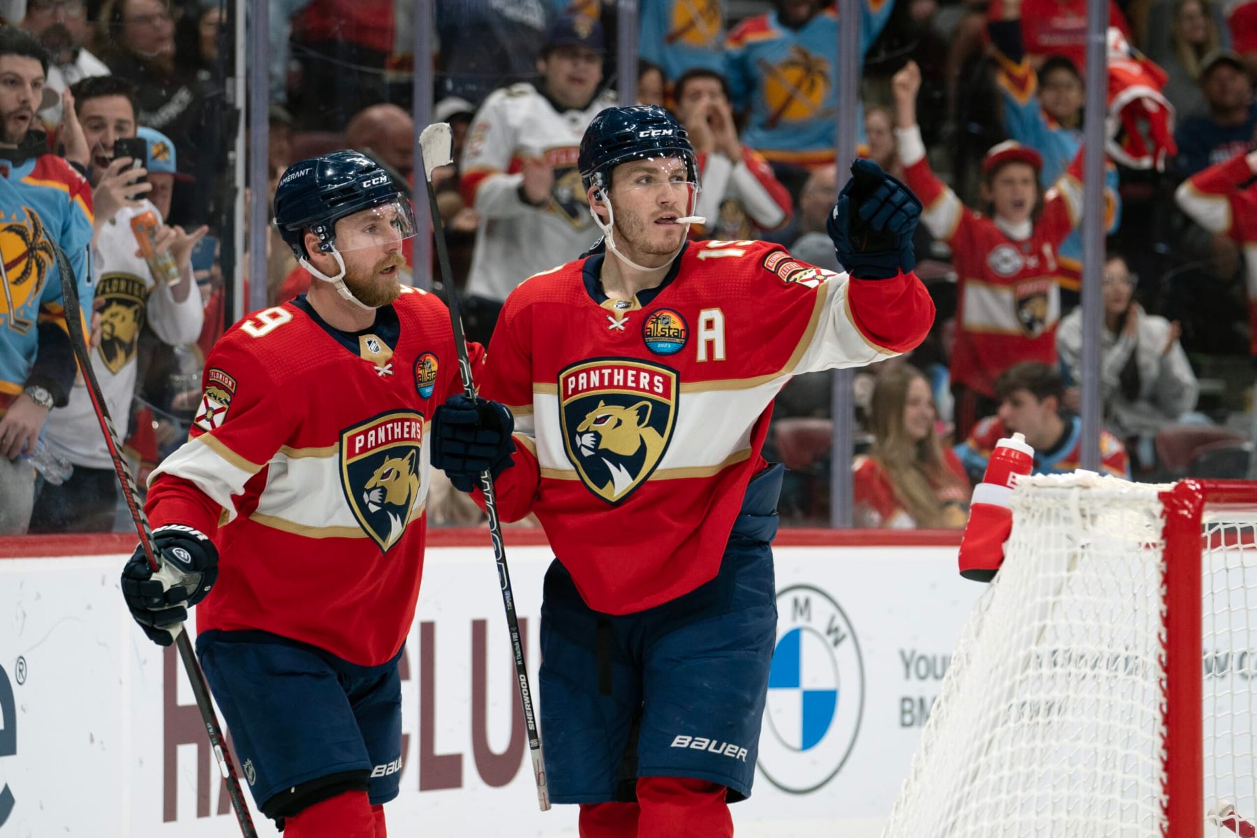 SUNRISE, FL - JANUARY 03: Matthew Tkachuk #19 of the Florida Panthers celebrates a goal during the game between the Florida Panthers and the Arizona Coyotes at FLA Live Arena in Sunrise, FL on January 3, 2023. (Photo by Jason Mowry/Icon Sportswire via Getty Images)