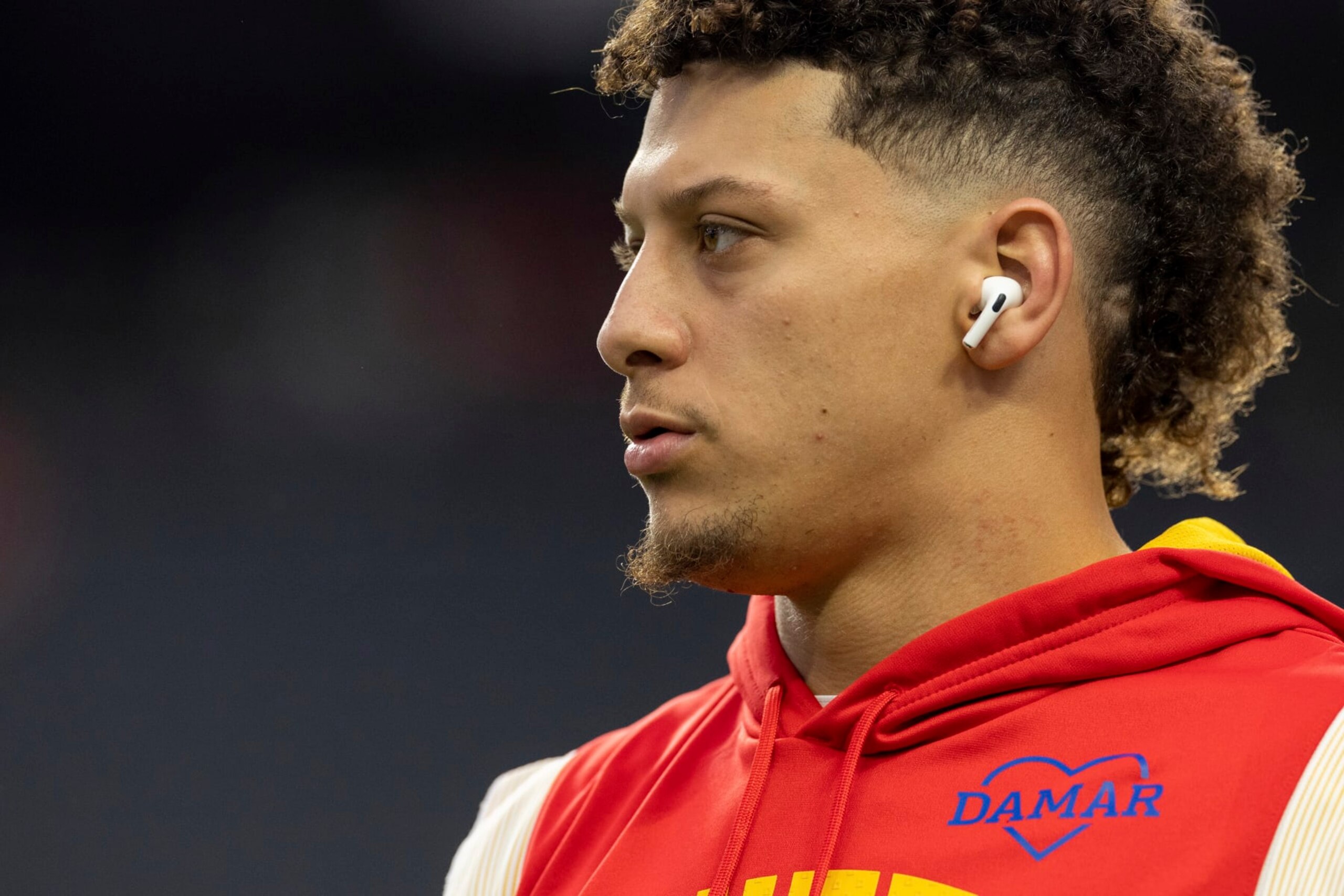 Kansas City Chiefs quarterback Patrick Mahomes (15) warms up wearing a Hamlin Strong sweatshirt for Damar Hamlin before playing against the Las Vegas Raiders in an NFL football game, Saturday, Jan. 7, 2023, in Las Vegas, NV. (AP Photo/Jeff Lewis)