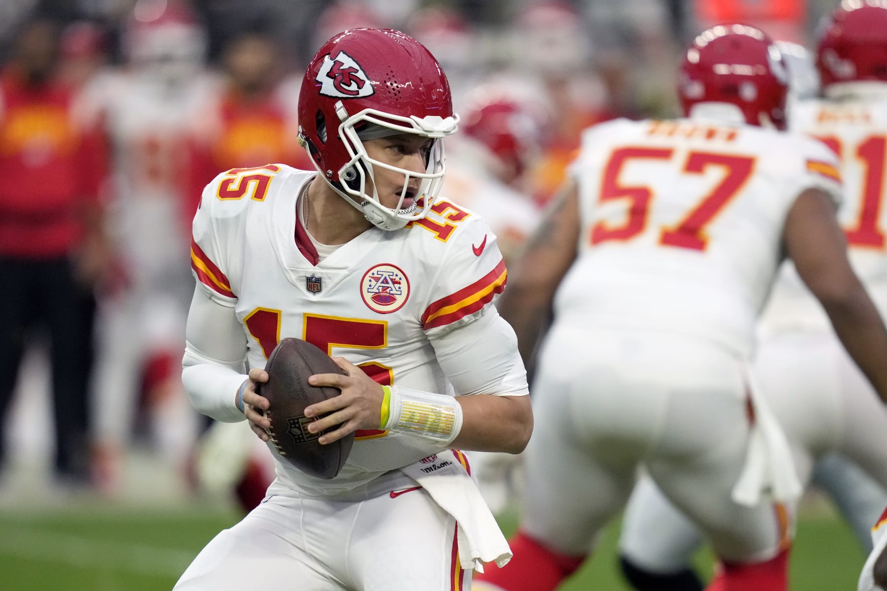 Kansas City Chiefs quarterback Patrick Mahomes drops back to pass during the first half of an NFL football game against the Las Vegas Raiders Saturday, Jan. 7, 2023, in Las Vegas. (AP Photo/John Locher) Kansas City Chiefs quarterback Patrick Mahomes drops back to pass during the first half of an NFL football game against the Las Vegas Raiders Saturday, Jan. 7, 2023, in Las Vegas. (AP Photo/John Locher)