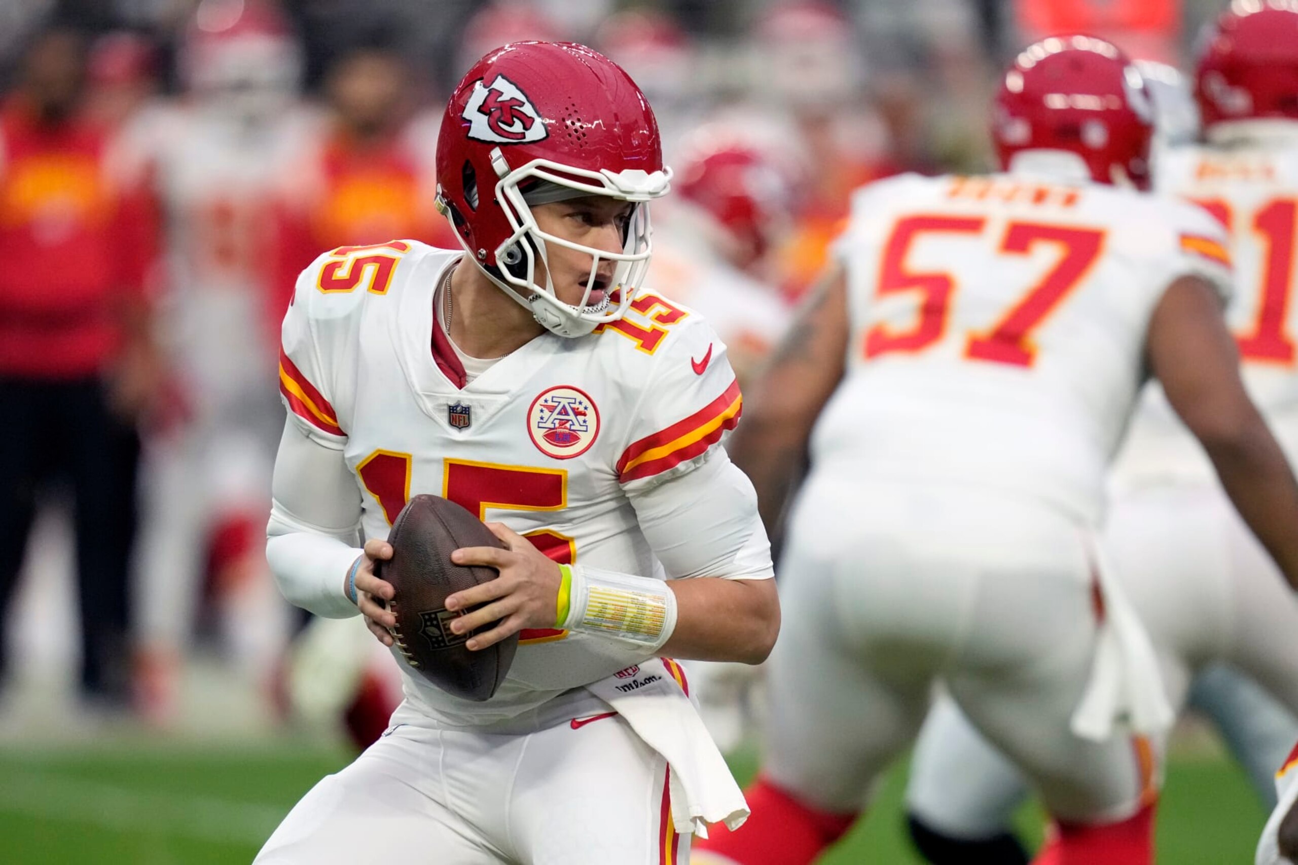 Kansas City Chiefs quarterback Patrick Mahomes drops back to pass during the first half of an NFL football game against the Las Vegas Raiders Saturday, Jan. 7, 2023, in Las Vegas. (AP Photo/John Locher)