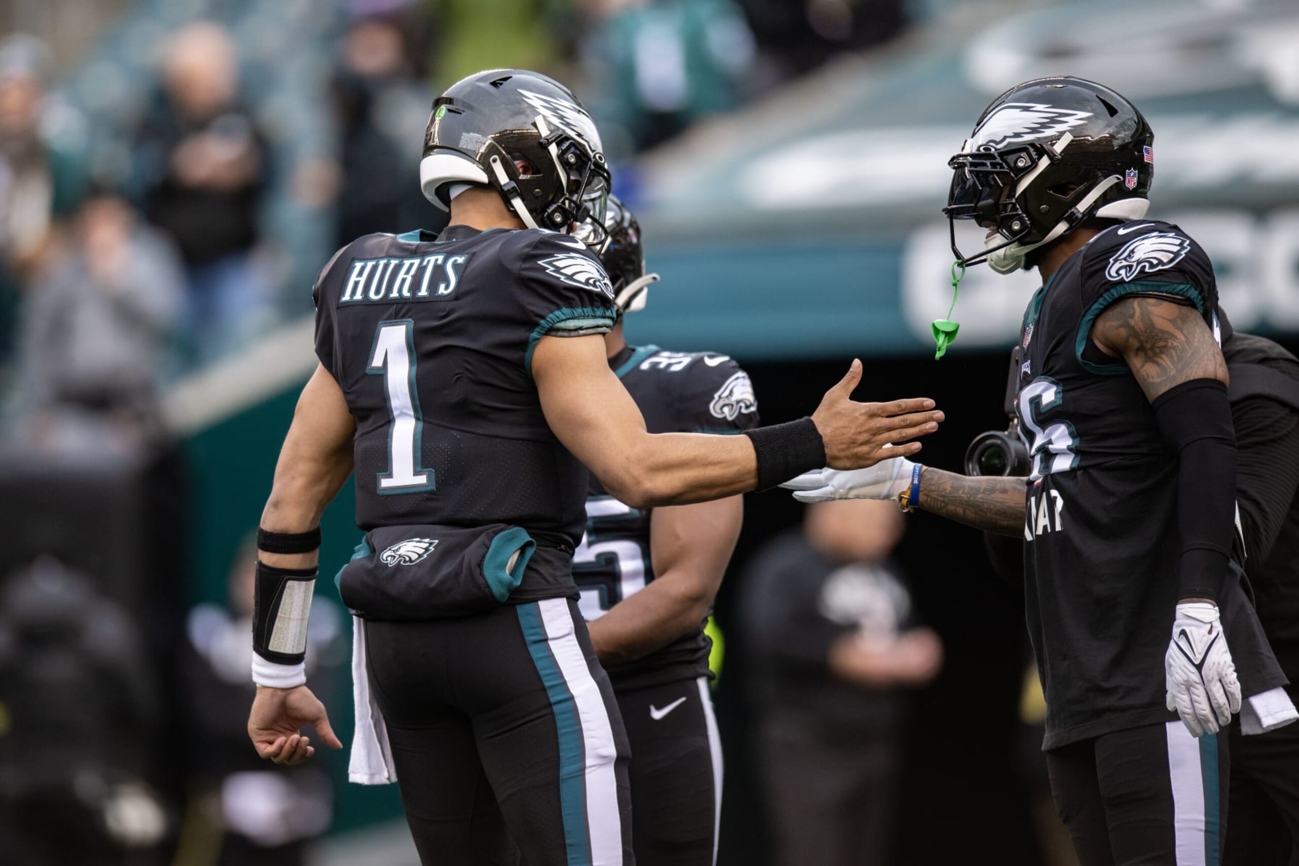 PHILADELPHIA, PA - JANUARY 08: Philadelphia Eagles quarterback Jalen Hurts (1) during pregame of the National Football league game between the New York Giants and Philadelphia Eagles on January 8, 2023 at Lincoln Financial Field in Philadelphia, PA (Photo by John Jones/Icon Sportswire via Getty Images)