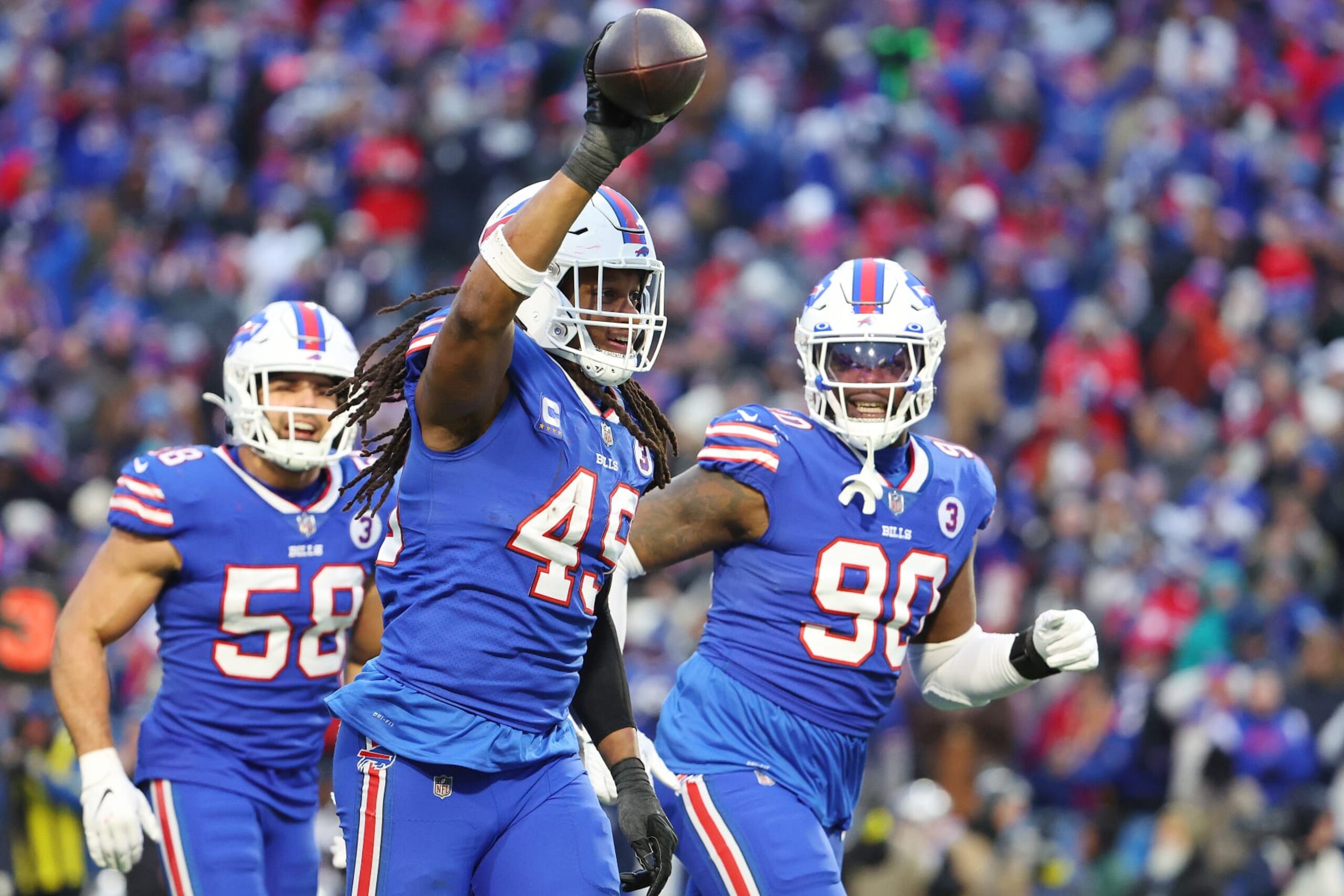 ORCHARD PARK, NEW YORK - JANUARY 08: Tremaine Edmunds #49 of the Buffalo Bills celebrates after an interception during the fourth quarter against the New England Patriots at Highmark Stadium on January 08, 2023 in Orchard Park, New York. (Photo by Timothy T Ludwig/Getty Images)