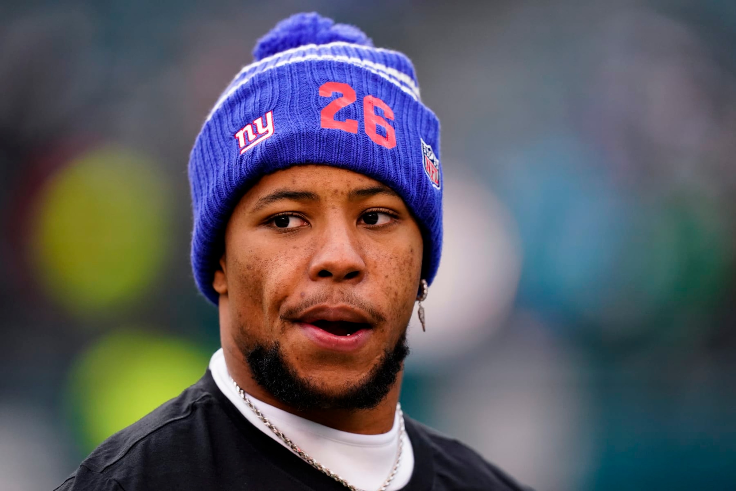 New York Giants running back Saquon Barkley looks on during warmups prior to an NFL football game against the Philadelphia Eagles, Sunday, Jan. 8, 2023, in Philadelphia. (AP Photo/Chris Szagola) New York Giants running back Saquon Barkley looks on during warmups prior to an NFL football game against the Philadelphia Eagles, Sunday, Jan. 8, 2023, in Philadelphia. (AP Photo/Chris Szagola)