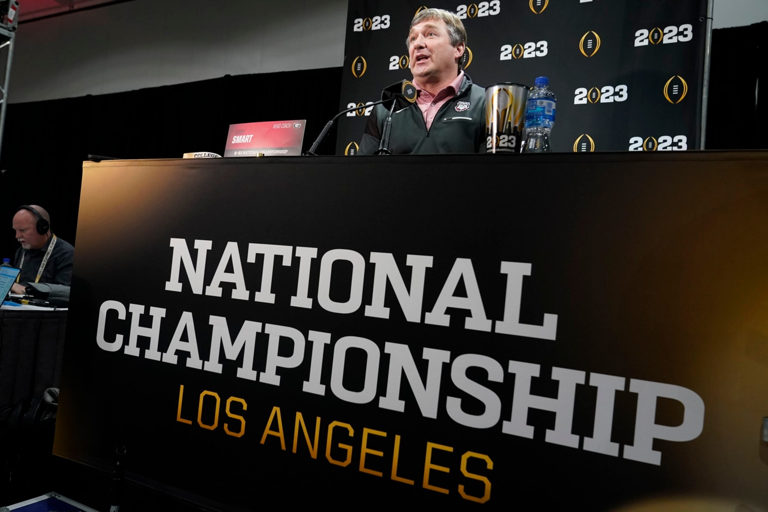 Georgia head coach Kirby Smart speaks during a media day ahead of the national championship NCAA College Football Playoff game between Georgia and TCU, Saturday, Jan. 7, 2023, in Los Angeles. The championship football game will be played Monday. (AP Photo/Marcio Jose Sanchez)