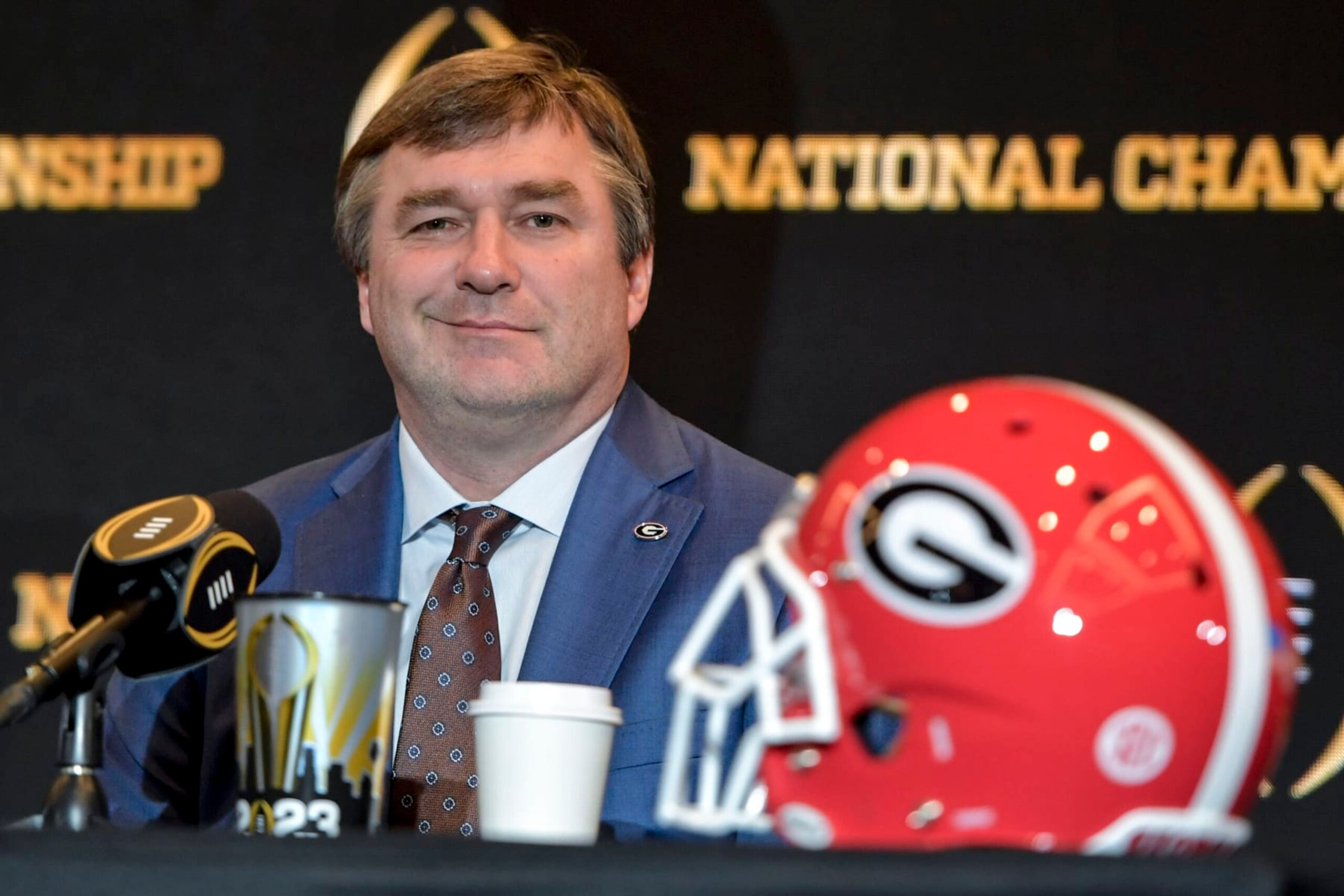 Georgia head coach Kirby Smart speaks during a news conference ahead of the national championship NCAA College Football Playoff game between Georgia and TCU, Sunday, Jan. 8, 2023, in Los Angeles. The championship football game will be played Monday. (AP Photo/Mike Stewart)