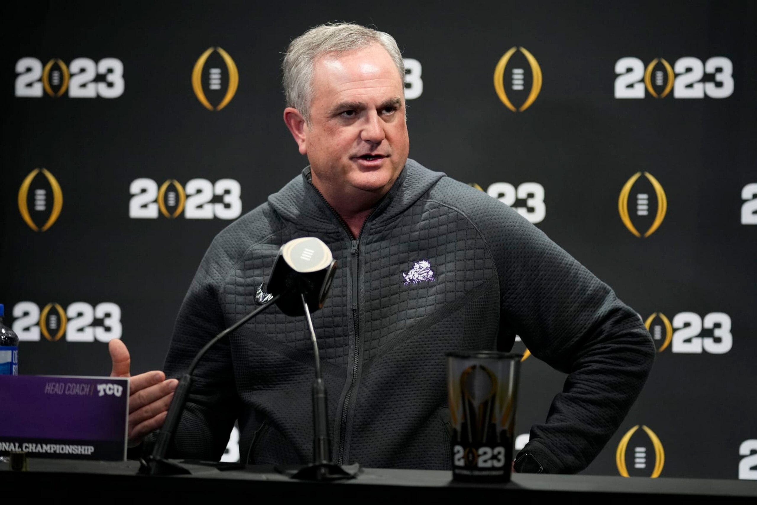 TCU head coach Sonny Dykes speaks during a media day ahead of the national championship NCAA College Football Playoff game between Georgia and TCU, Saturday, Jan. 7, 2023, in Los Angeles. The champoinship football game will be played Monday. (AP Photo/Marcio Jose Sanchez)