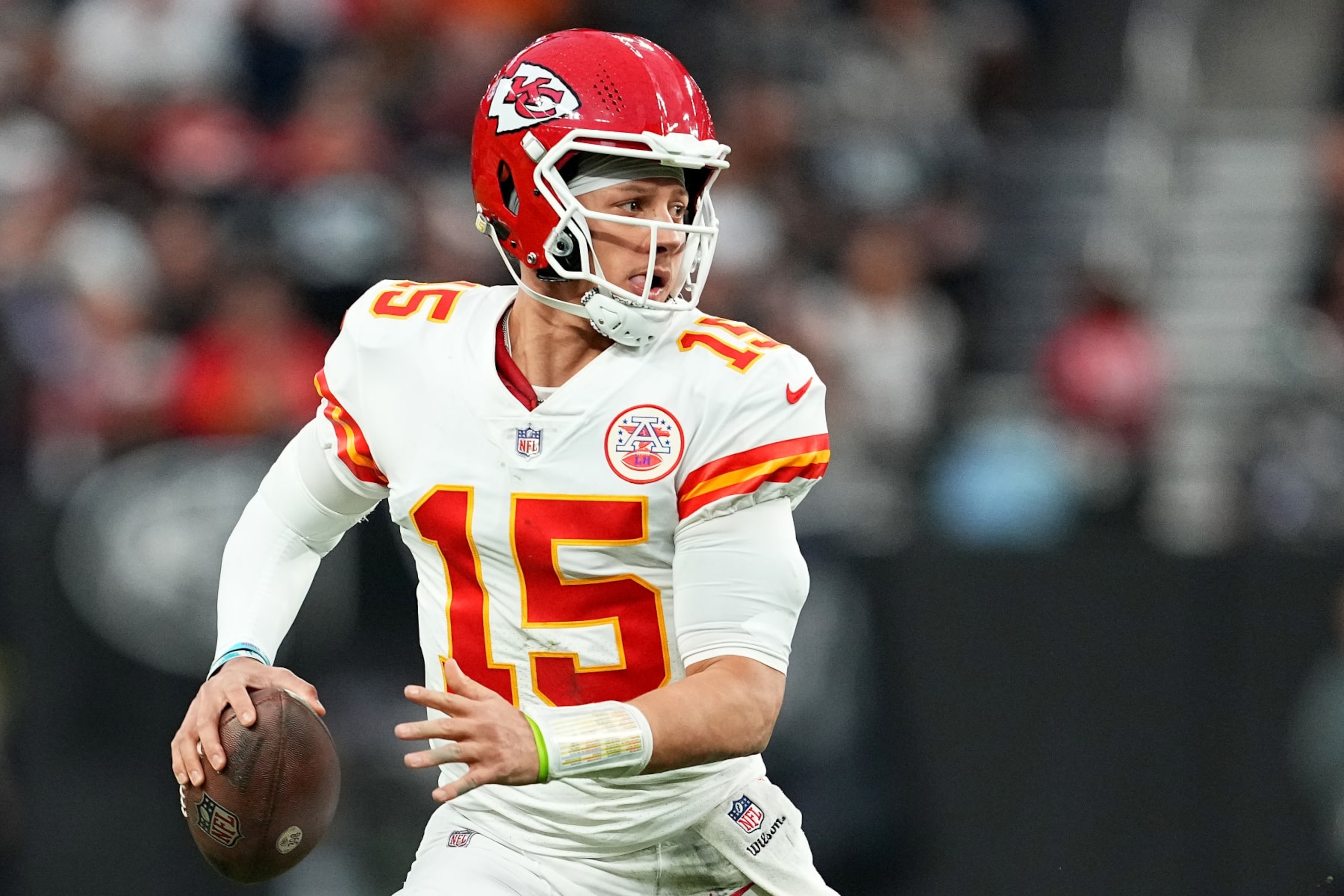 LAS VEGAS, NEVADA - JANUARY 07: Patrick Mahomes #15 of the Kansas City Chiefs looks to pass against the Las Vegas Raiders during the first half of the game at Allegiant Stadium on January 07, 2023 in Las Vegas, Nevada. (Photo by Chris Unger/Getty Images)