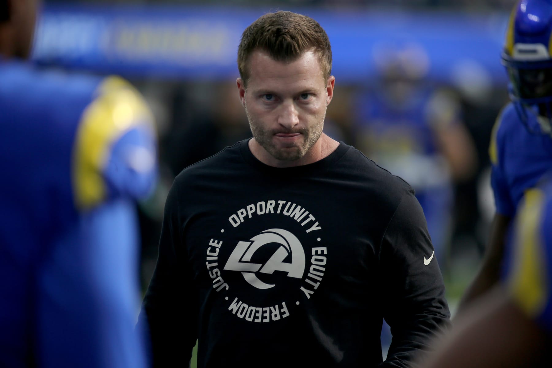 INGLEWOOD, CALIF. - DEC. 25, 2022. Rams head coach Sean McVay watches the team warm up before the game against the Denver Broncos at SoFi Stadium in Inglewood on Sunday, Dec. 25, 2022. (Luis Sinco / Los Angeles Times via Getty Images)