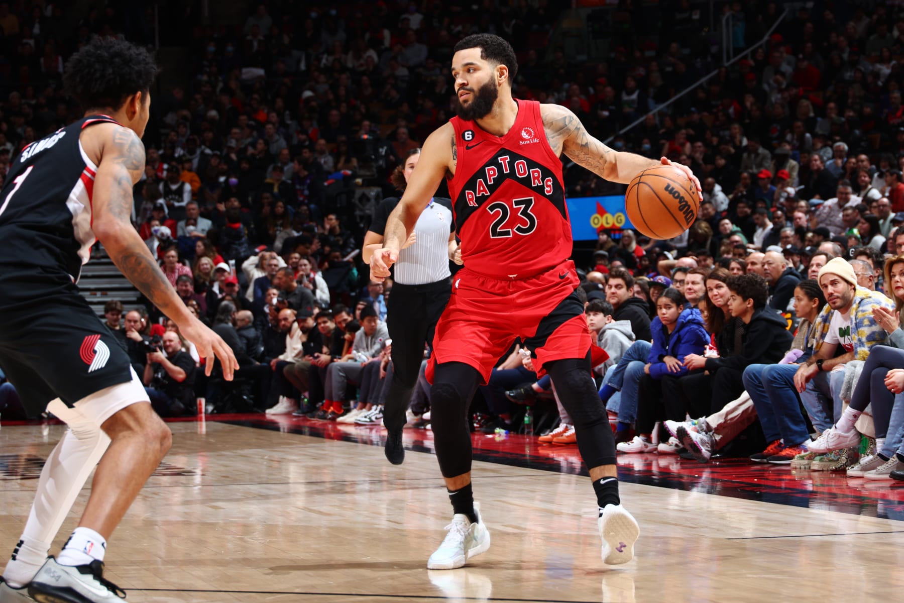TORONTO, CANADA - JANUARY 8: Fred VanVleet #23 of the Toronto Raptors drives to the basket during the game against the Portland Trail Blazers on January 8, 2023 at the Scotiabank Arena in Toronto, Ontario, Canada.  NOTE TO USER: User expressly acknowledges and agrees that, by downloading and or using this Photograph, user is consenting to the terms and conditions of the Getty Images License Agreement.  Mandatory Copyright Notice: Copyright 2022 NBAE (Photo by Vaughn Ridley/NBAE via Getty Images)