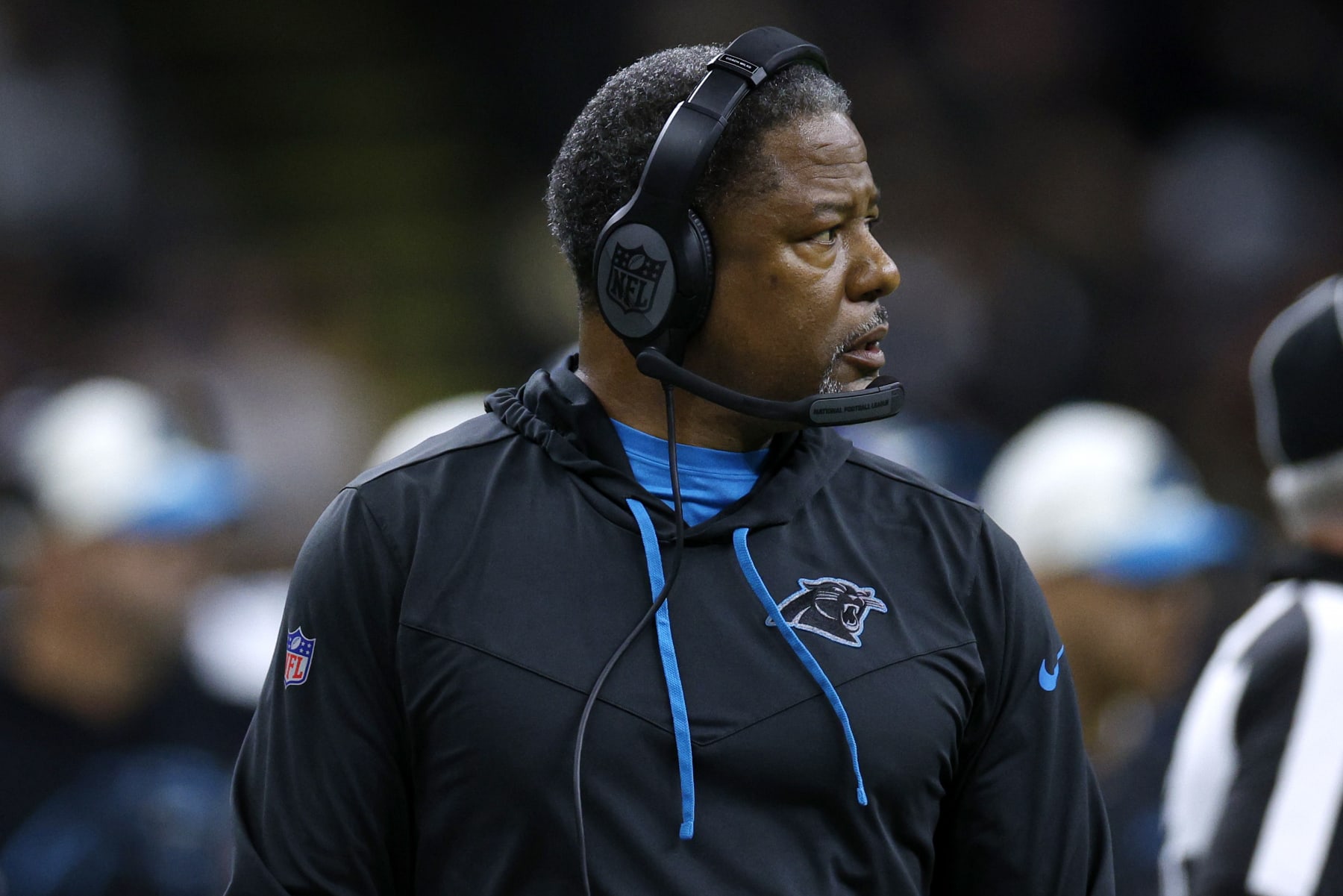 NEW ORLEANS, LOUISIANA - JANUARY 08: ead coach Steve Wilks of the Carolina Panthers looks on during the second half against the New Orleans Saints at Caesars Superdome on January 08, 2023 in New Orleans, Louisiana. (Photo by Chris Graythen/Getty Images)