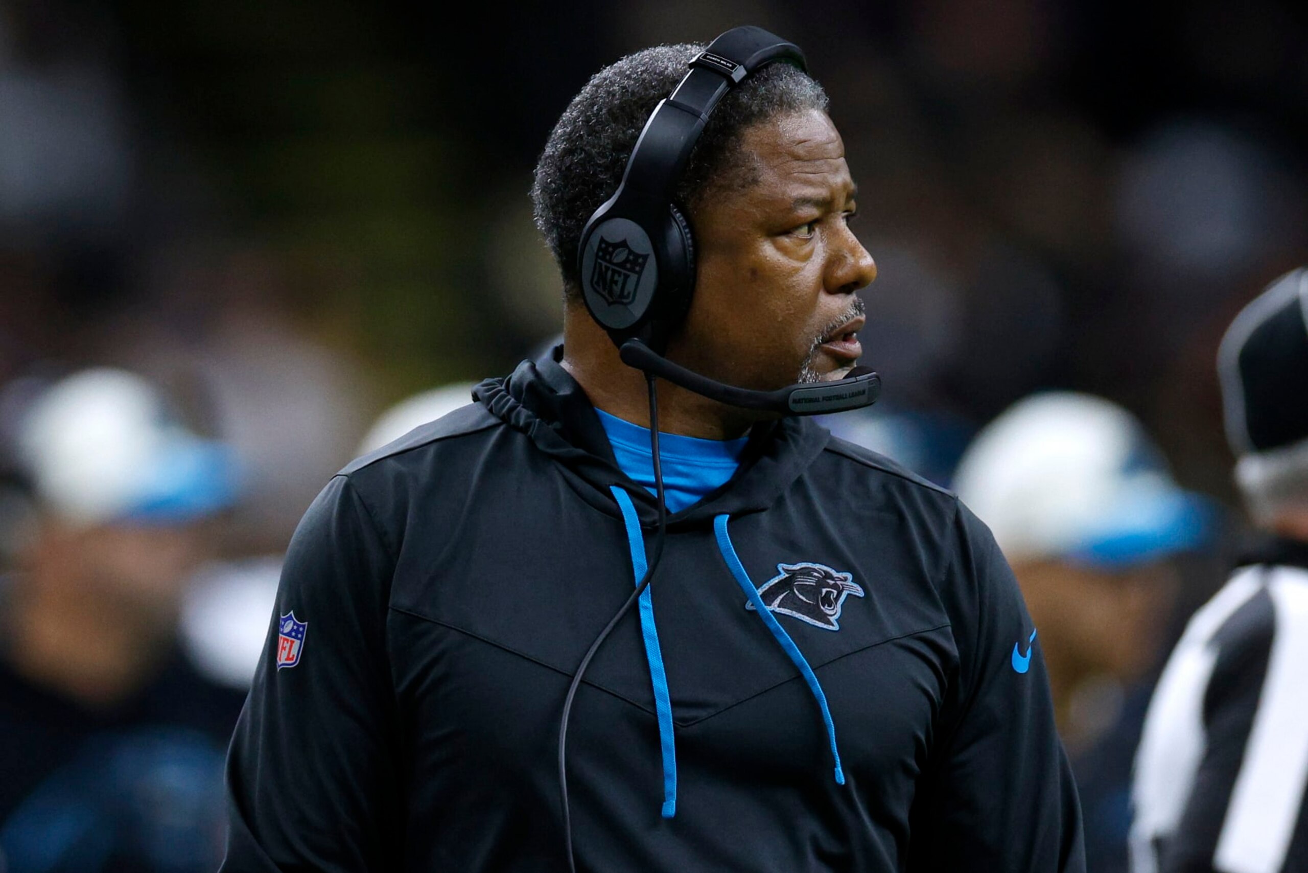 NEW ORLEANS, LOUISIANA - JANUARY 08: ead coach Steve Wilks of the Carolina Panthers looks on during the second half against the New Orleans Saints at Caesars Superdome on January 08, 2023 in New Orleans, Louisiana. (Photo by Chris Graythen/Getty Images)
