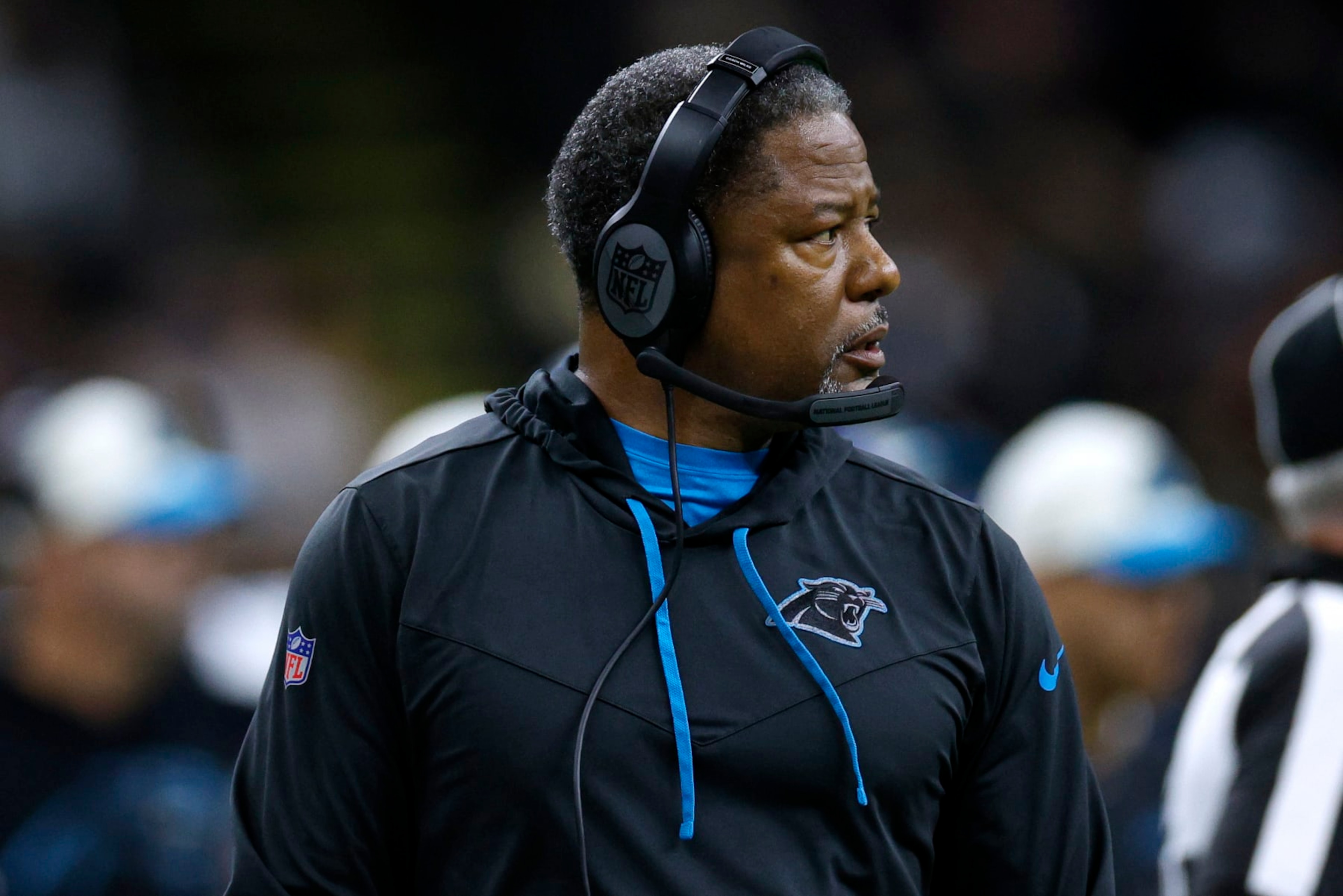 NEW ORLEANS, LOUISIANA - JANUARY 08: ead coach Steve Wilks of the Carolina Panthers looks on during the second half against the New Orleans Saints at Caesars Superdome on January 08, 2023 in New Orleans, Louisiana. (Photo by Chris Graythen/Getty Images)