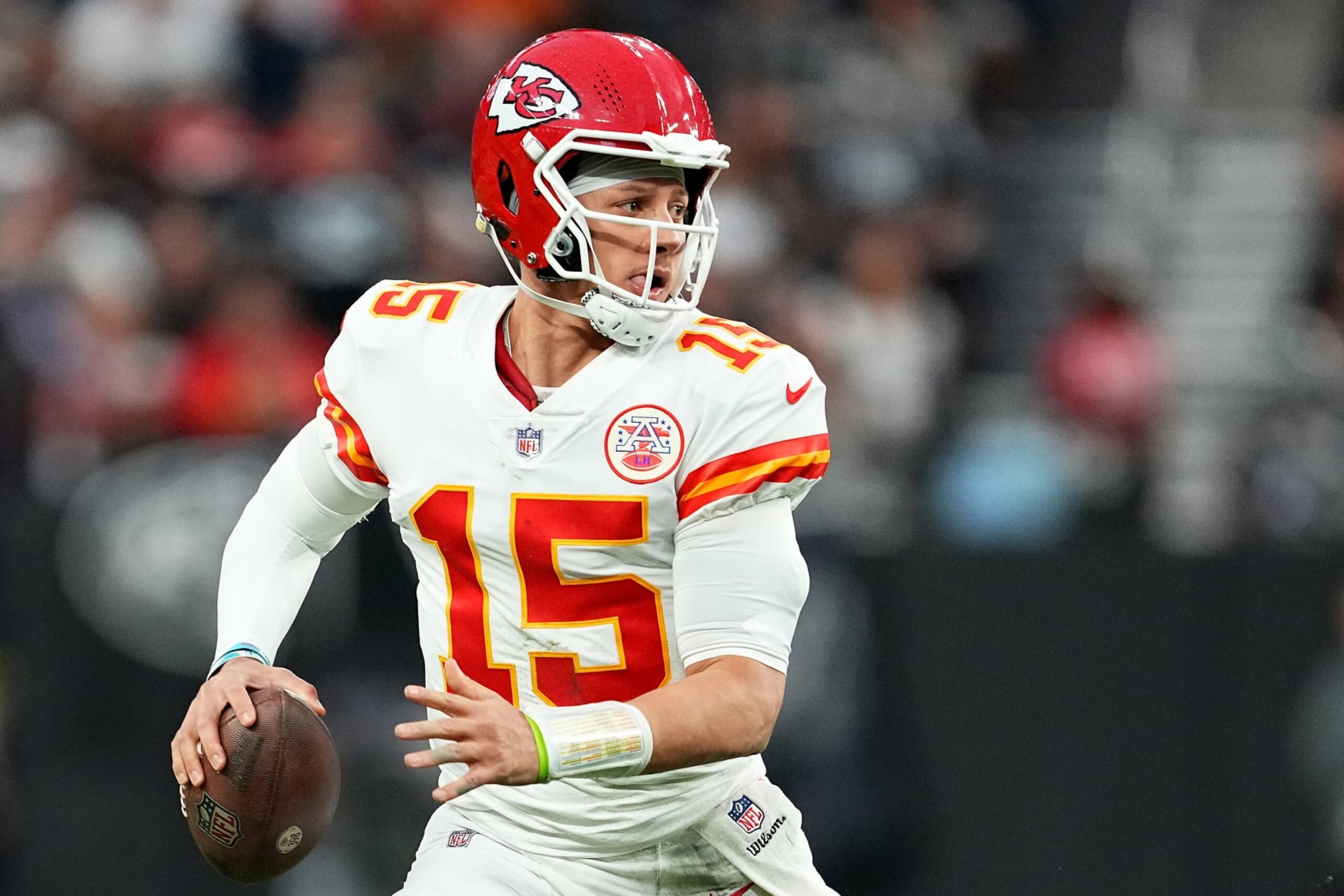 LAS VEGAS, NEVADA - JANUARY 07: Patrick Mahomes #15 of the Kansas City Chiefs looks to pass against the Las Vegas Raiders during the first half of the game at Allegiant Stadium on January 07, 2023 in Las Vegas, Nevada. (Photo by Chris Unger/Getty Images) LAS VEGAS, NEVADA - JANUARY 07: Patrick Mahomes #15 of the Kansas City Chiefs looks to pass against the Las Vegas Raiders during the first half of the game at Allegiant Stadium on January 07, 2023 in Las Vegas, Nevada. (Photo by Chris Unger/Getty Images)