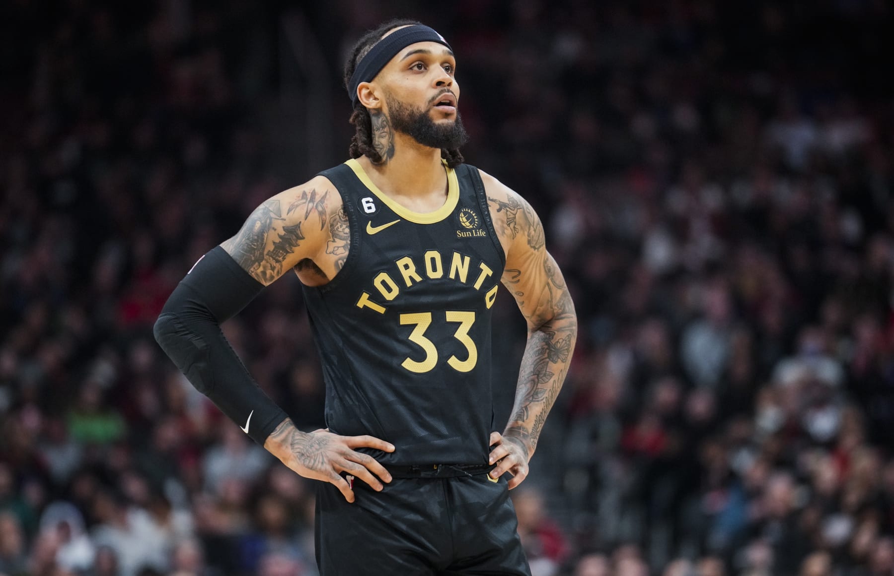 TORONTO, ON - JANUARY 6: Gary Trent Jr. #33 of the Toronto Raptors looks on against the New York Knicks during the first half of their basketball game at the Scotiabank Arena on January 6, 2023 in Toronto, Ontario, Canada. NOTE TO USER: User expressly acknowledges and agrees that, by downloading and/or using this Photograph, user is consenting to the terms and conditions of the Getty Images License Agreement. (Photo by Mark Blinch/Getty Images)