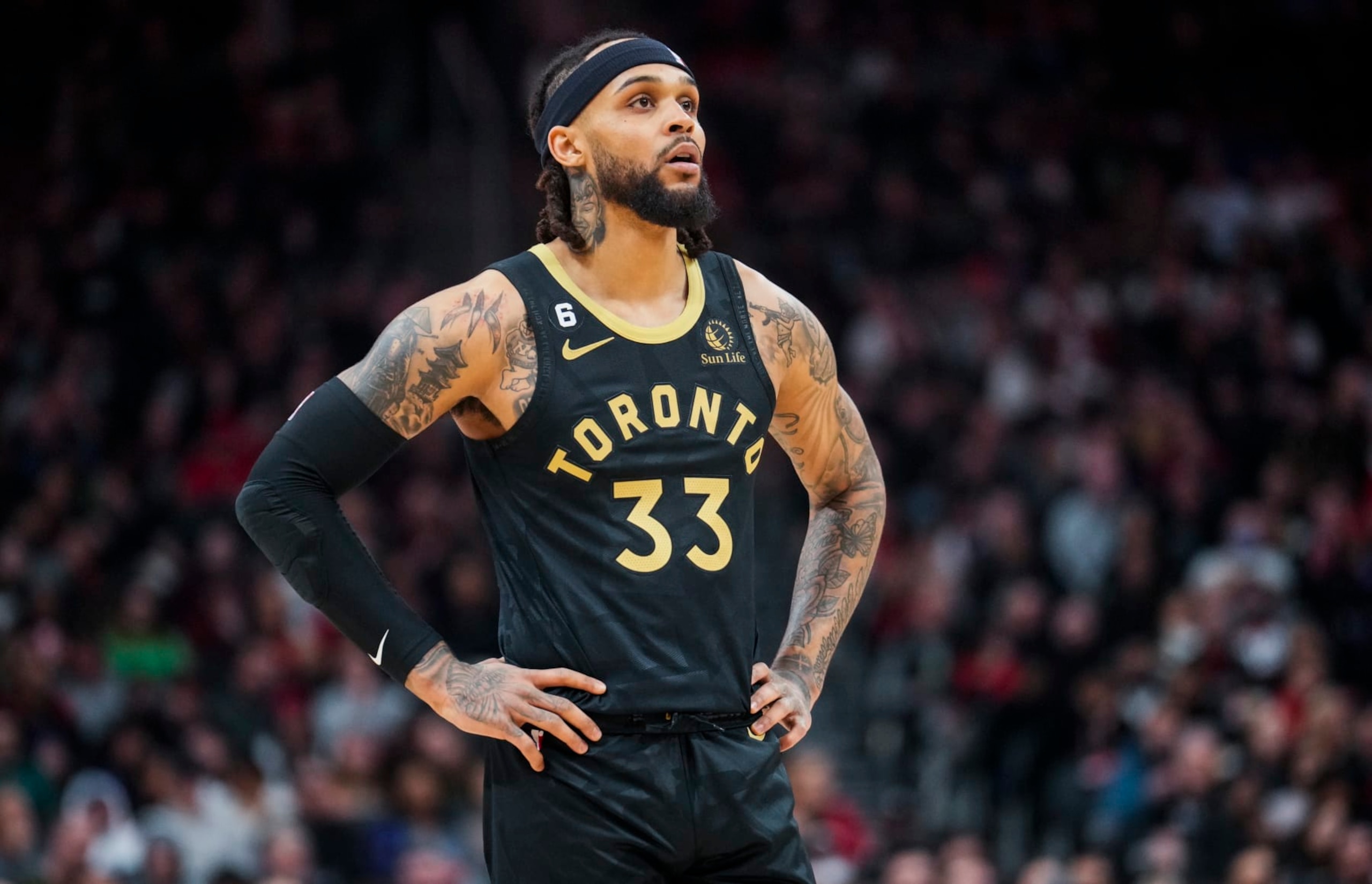 TORONTO, ON - JANUARY 6: Gary Trent Jr. #33 of the Toronto Raptors looks on against the New York Knicks during the first half of their basketball game at the Scotiabank Arena on January 6, 2023 in Toronto, Ontario, Canada. NOTE TO USER: User expressly acknowledges and agrees that, by downloading and/or using this Photograph, user is consenting to the terms and conditions of the Getty Images License Agreement. (Photo by Mark Blinch/Getty Images)
