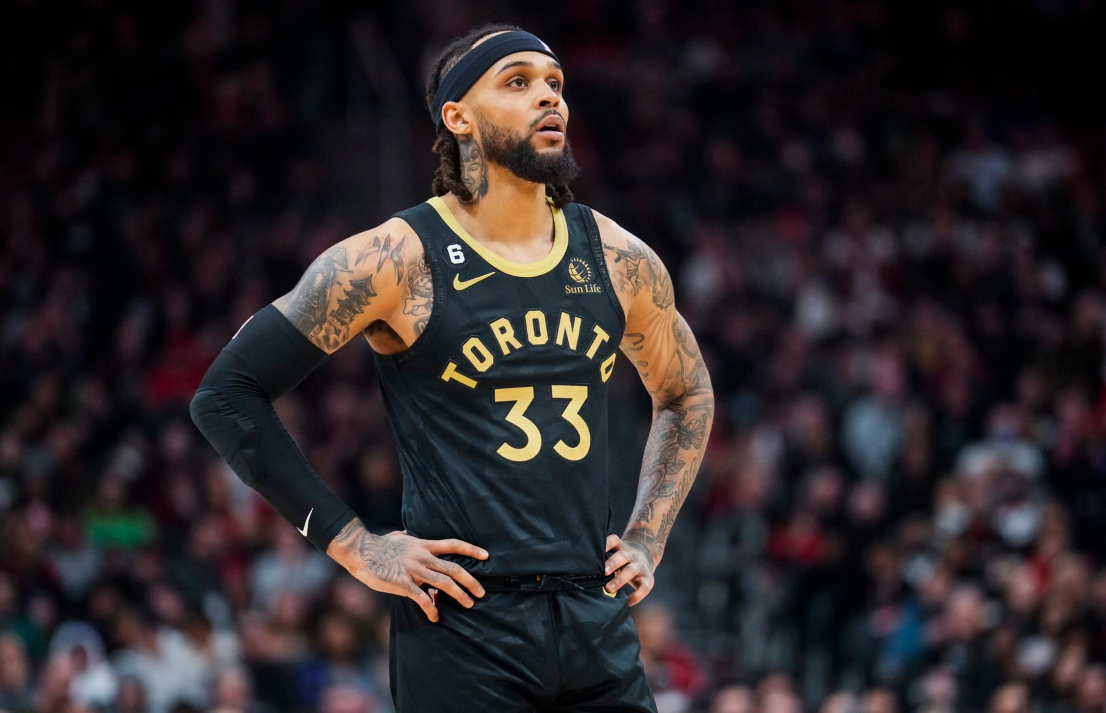 TORONTO, ON - JANUARY 6: Gary Trent Jr. #33 of the Toronto Raptors looks on against the New York Knicks during the first half of their basketball game at the Scotiabank Arena on January 6, 2023 in Toronto, Ontario, Canada. NOTE TO USER: User expressly acknowledges and agrees that, by downloading and/or using this Photograph, user is consenting to the terms and conditions of the Getty Images License Agreement. (Photo by Mark Blinch/Getty Images)