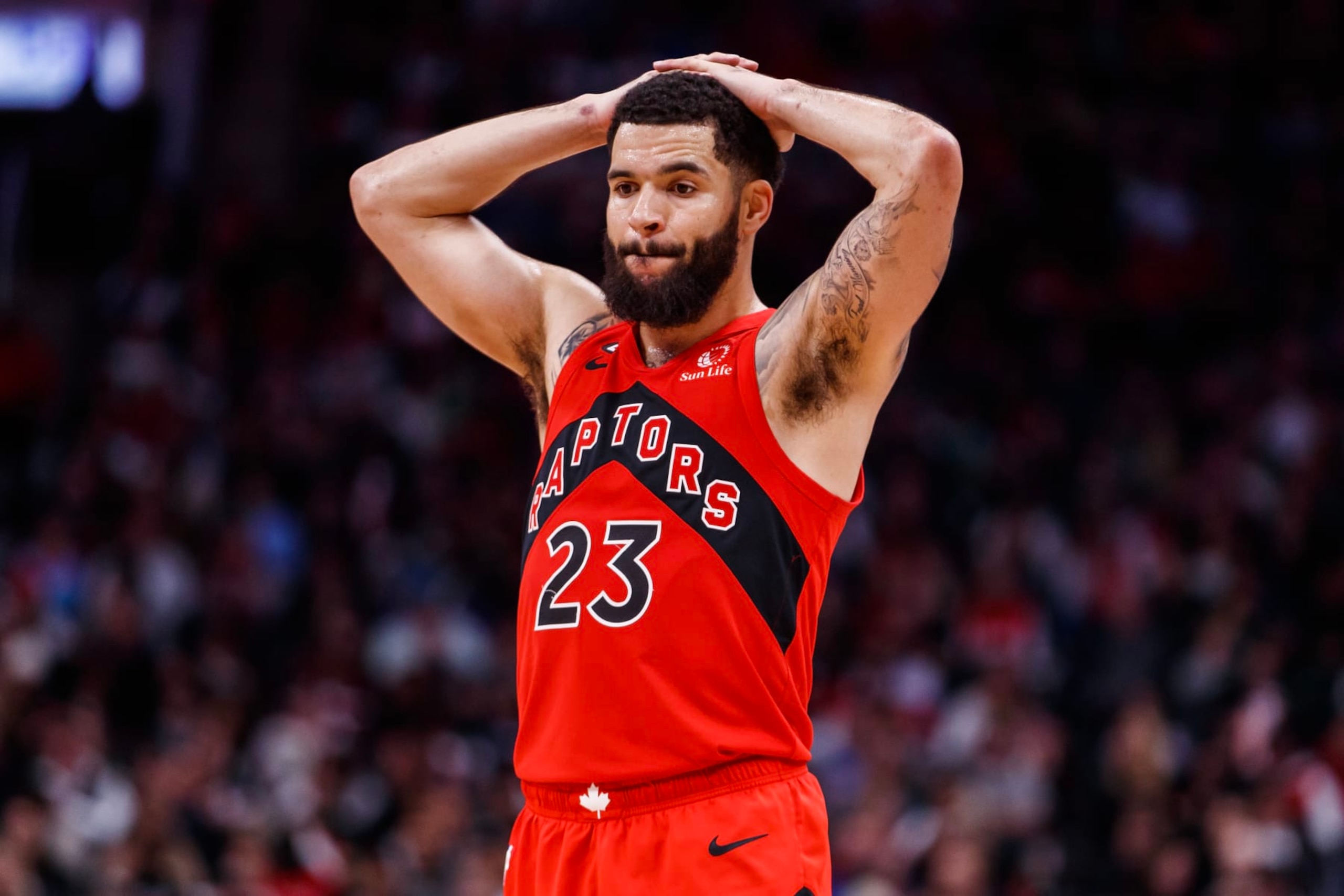 TORONTO, ON - JANUARY 08: Fred VanVleet #23 of the Toronto Raptors is seen during a break in play during the second half of their NBA game against the Portland Trail Blazers at Scotiabank Arena on January 8, 2023 in Toronto, Canada. NOTE TO USER: User expressly acknowledges and agrees that, by downloading and or using this photograph, User is consenting to the terms and conditions of the Getty Images License Agreement. (Photo by Cole Burston/Getty Images)