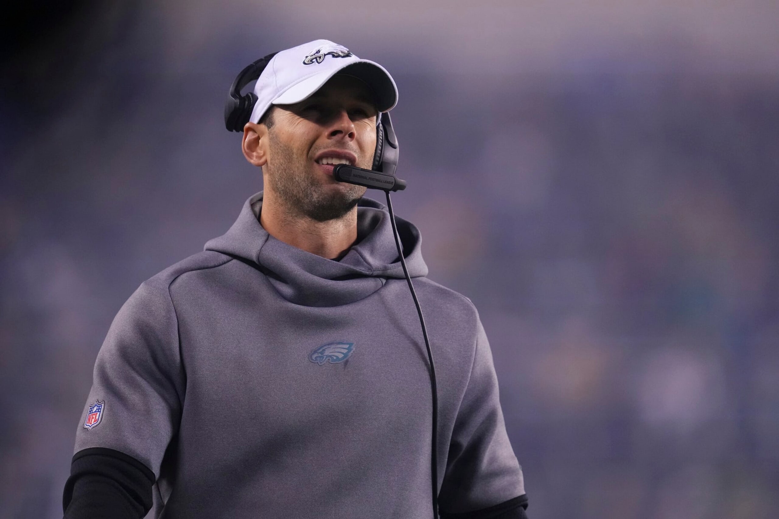 PHILADELPHIA, PA - NOVEMBER 27: Defensive coordinator Jonathan Gannon of the Philadelphia Eagles against the Green Bay Packers at Lincoln Financial Field on November 27, 2022 in Philadelphia, Pennsylvania. (Photo by Mitchell Leff/Getty Images)