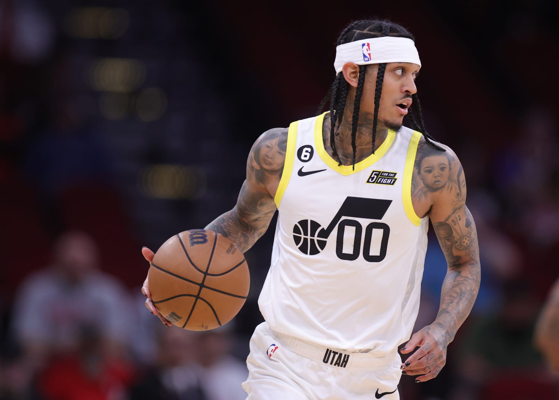 HOUSTON, TEXAS - JANUARY 05: Jordan Clarkson #00 of the Utah Jazz controls the ball during the first half against the Houston Rockets at Toyota Center on January 05, 2023 in Houston, Texas. NOTE TO USER: User expressly acknowledges and agrees that, by downloading and or using this photograph, User is consenting to the terms and conditions of the Getty Images License Agreement. (Photo by Carmen Mandato/Getty Images)