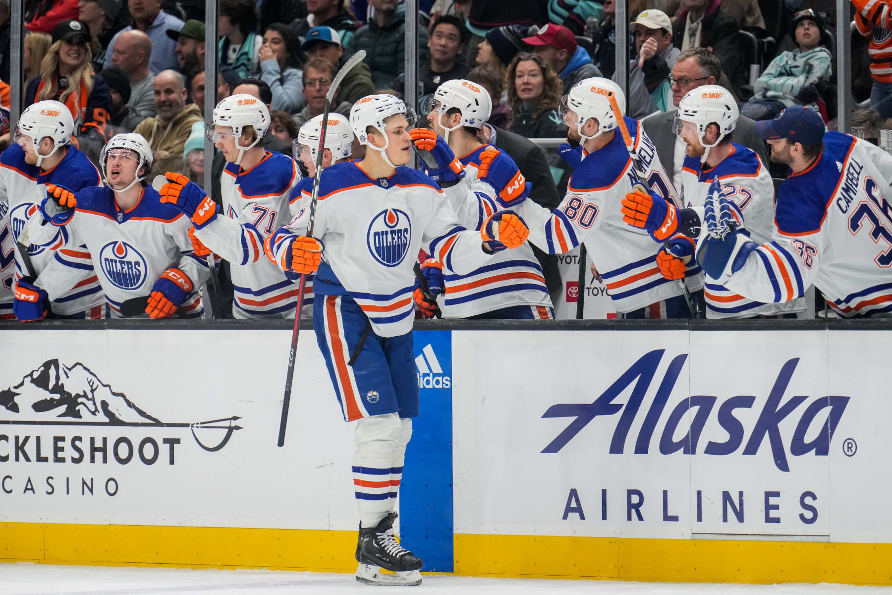 SEATTLE, WASHINGTON - DECEMBER 30: Jesse Puljujarvi #13 of the Edmonton Oilers celebrates his goal with the bench during the first period of a game against the Seattle Kraken at Climate Pledge Arena on December 30, 2022 in Seattle, Washington. (Photo by Christopher Mast/NHLI via Getty Images)
