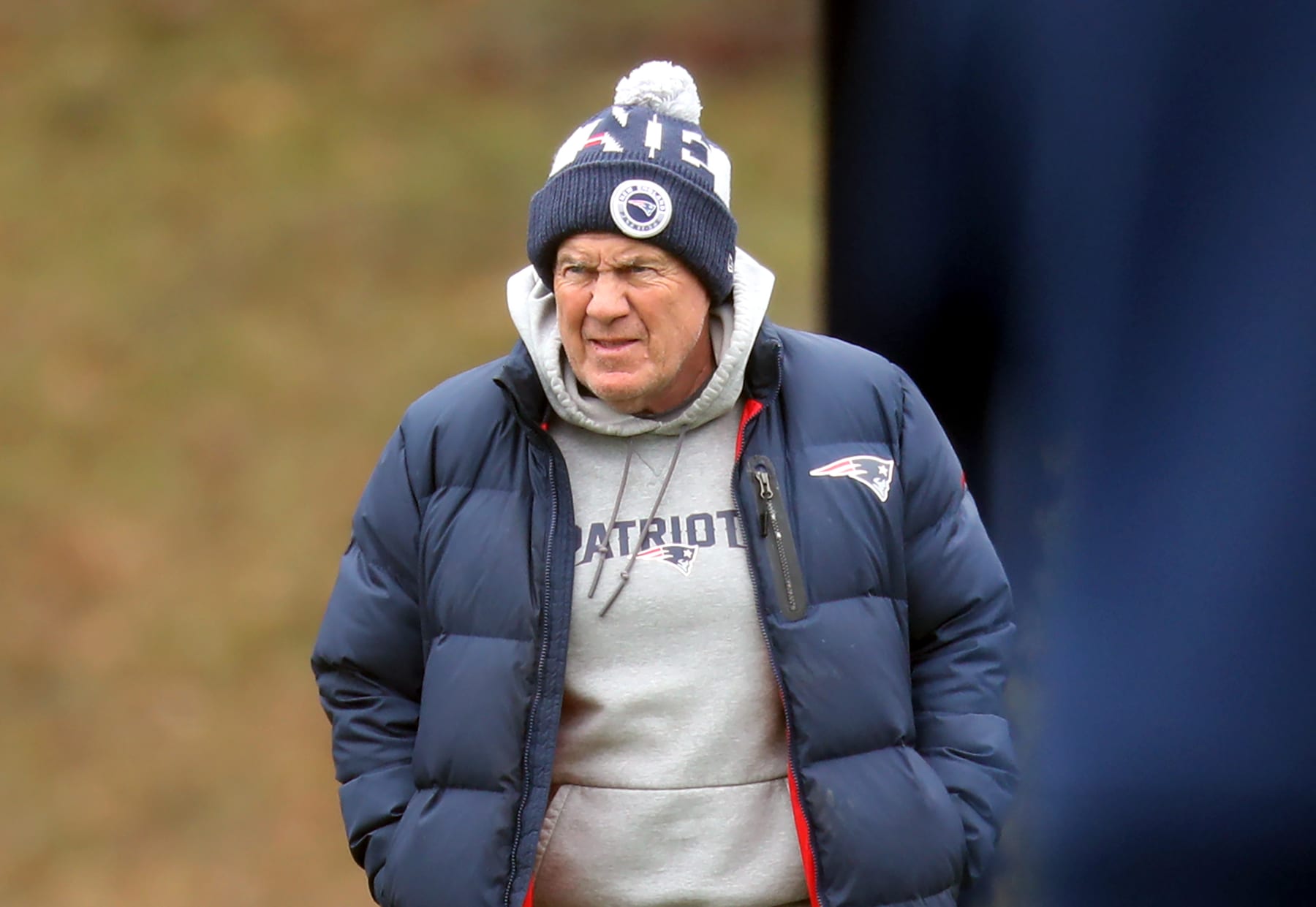 Foxborough, MA - January 4: New England Patriots head coach Bill Belichick walks on to the field during a practice session. (Photo by John Tlumacki/The Boston Globe via Getty Images)