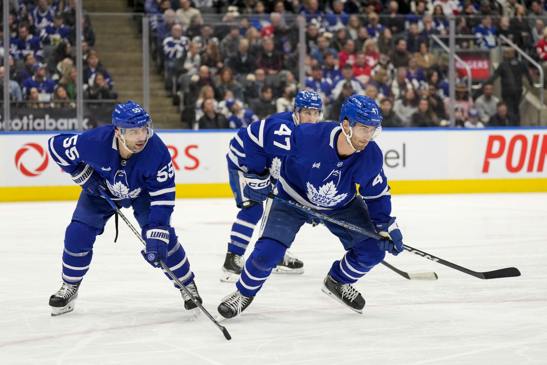 TORONTO, ON - JANUARY 7: Mark Giordano #55 of the Toronto Maple Leafs,Pierre Engvall #47 set for a face-off  the Detroit Red Wings during the first period at the Scotiabank Arena on January 7, 2023 in Toronto, Ontario, Canada. (Photo by Kevin Sousa/NHLI via Getty Images)