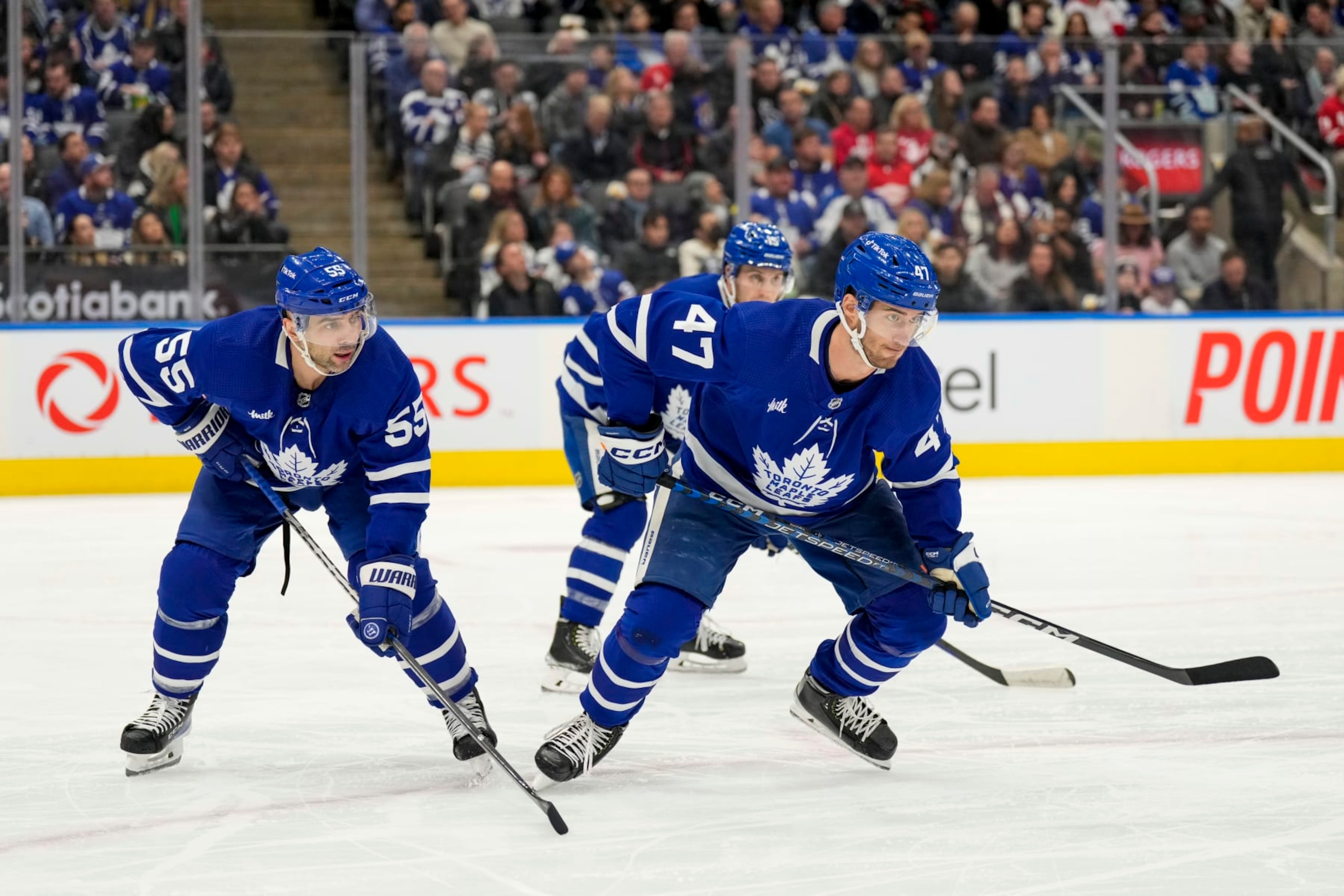 TORONTO, ON - JANUARY 7: Mark Giordano #55 of the Toronto Maple Leafs,Pierre Engvall #47 set for a face-off  the Detroit Red Wings during the first period at the Scotiabank Arena on January 7, 2023 in Toronto, Ontario, Canada. (Photo by Kevin Sousa/NHLI via Getty Images)
