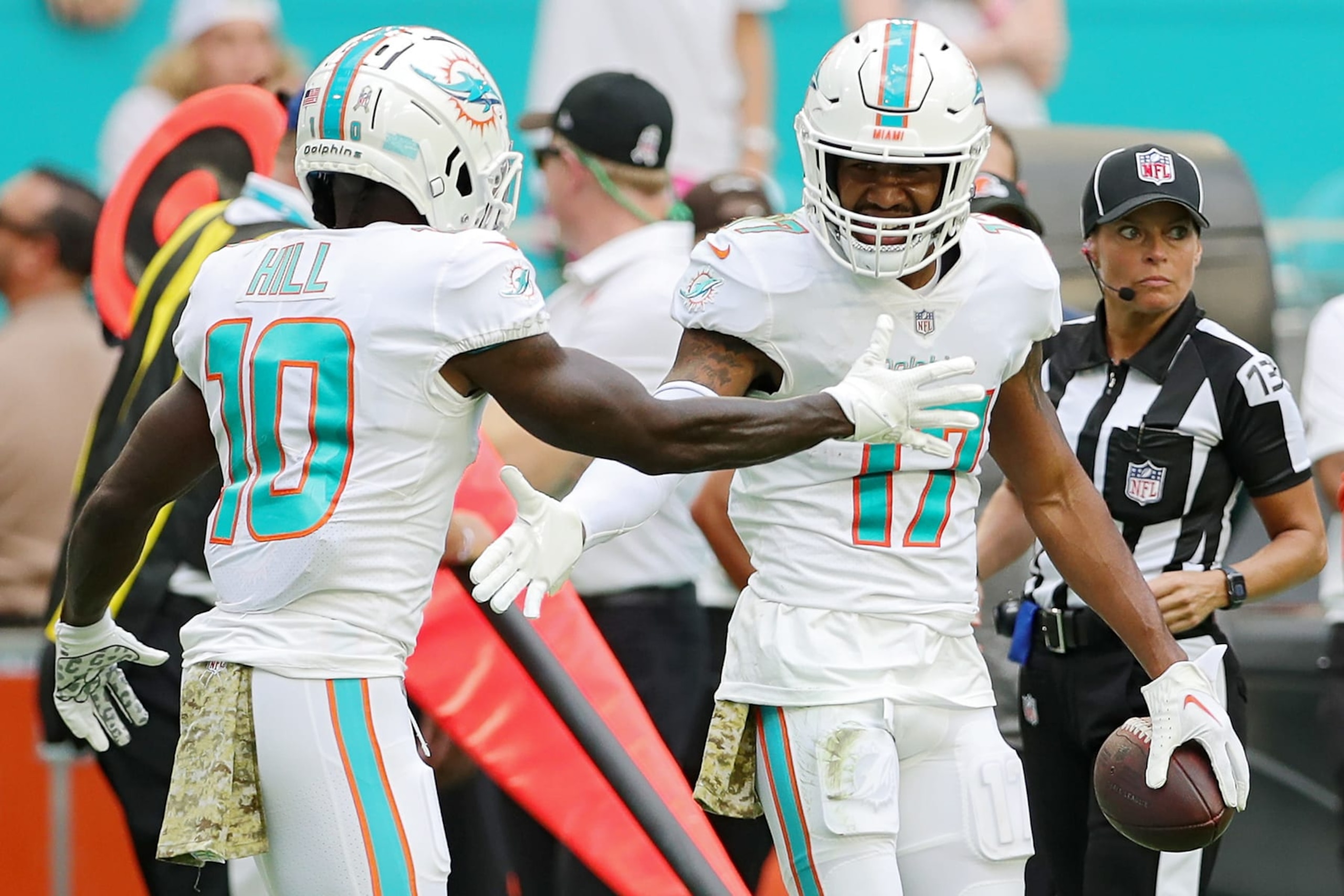 Miami's Tyreek Hill (left) and Jaylen Waddle