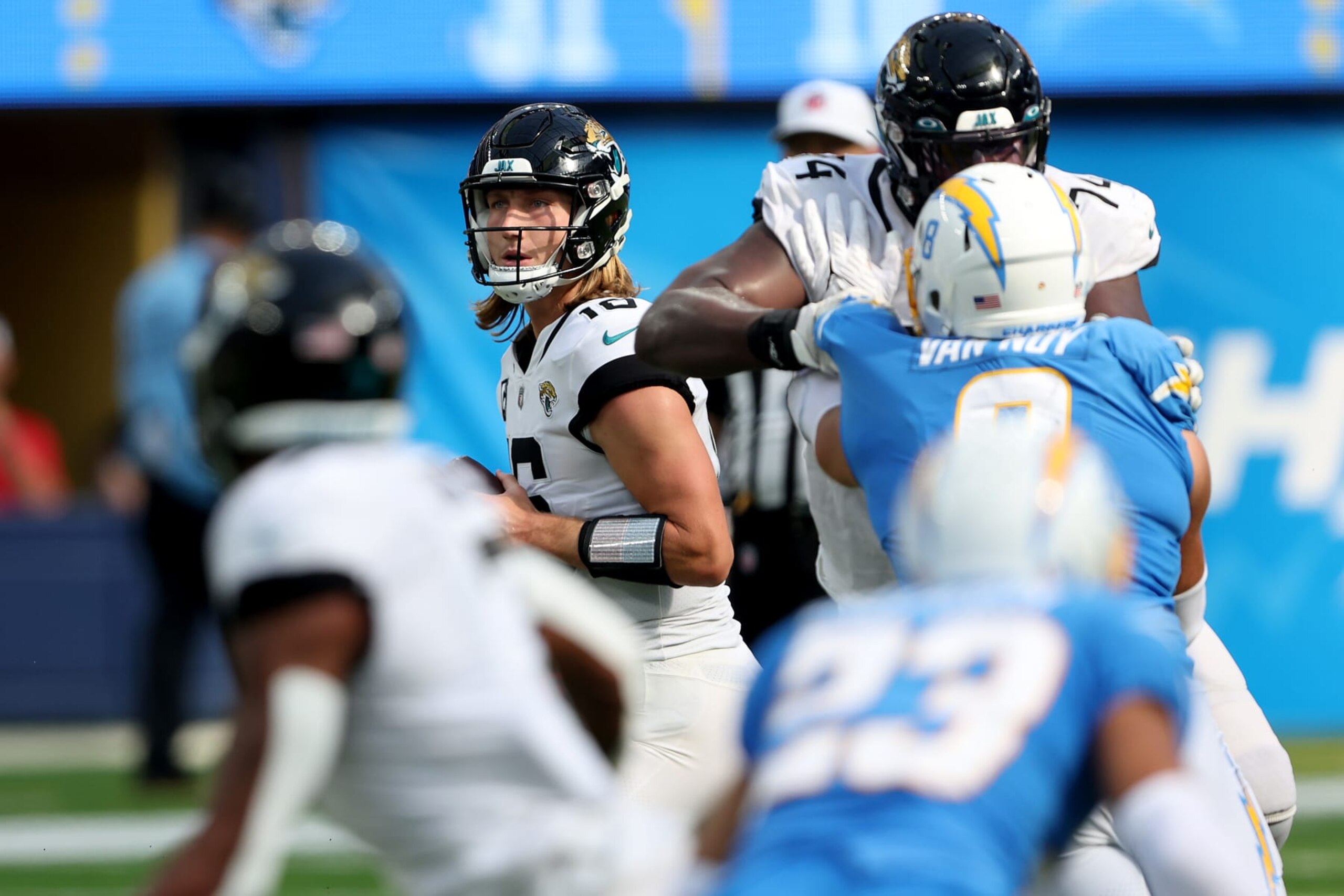 Jacksonville's Trevor Lawrence looks to pass. 