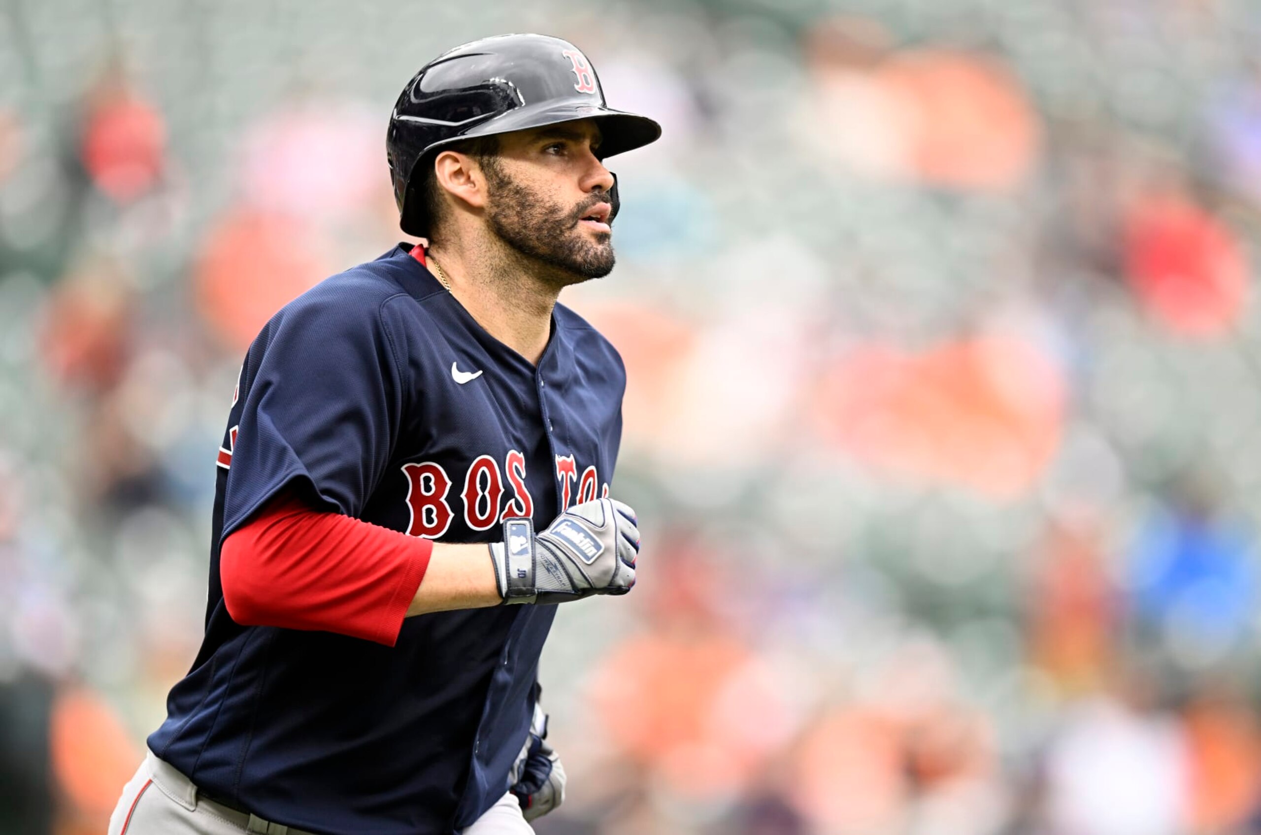 BALTIMORE, MARYLAND - SEPTEMBER 11: J.D. Martinez #28 of the Boston Red Sox runs to first base against the Baltimore Orioles at Oriole Park at Camden Yards on September 11, 2022 in Baltimore, Maryland. (Photo by G Fiume/Getty Images) BALTIMORE, MARYLAND - SEPTEMBER 11: J.D. Martinez #28 of the Boston Red Sox runs to first base against the Baltimore Orioles at Oriole Park at Camden Yards on September 11, 2022 in Baltimore, Maryland. (Photo by G Fiume/Getty Images)