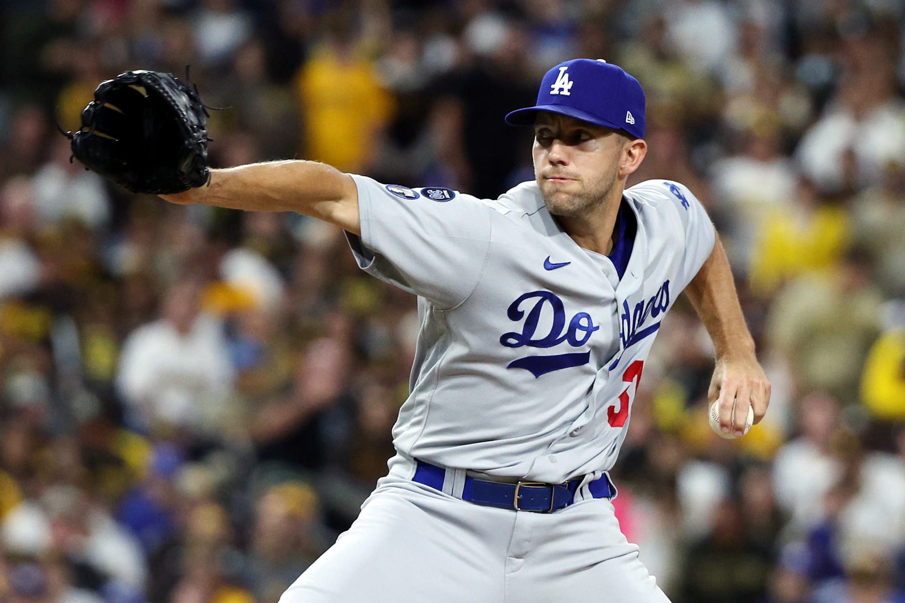 SAN DIEGO, CALIFORNIA - OCTOBER 15: Tyler Anderson #31 of the Los Angeles Dodgers pitches during the first inning against the San Diego Padres in game four of the National League Division Series at PETCO Park on October 15, 2022 in San Diego, California. (Photo by Harry How/Getty Images)