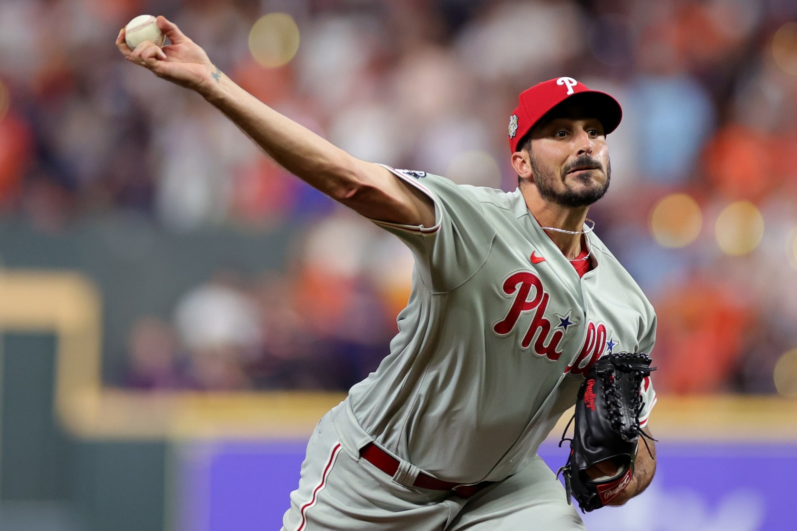 HOUSTON, TEXAS - NOVEMBER 05: Zach Eflin #56 of the Philadelphia Phillies delivers a pitch against the Houston Astros during the seventh inning in Game Six of the 2022 World Series at Minute Maid Park on November 05, 2022 in Houston, Texas. (Photo by Carmen Mandato/Getty Images) HOUSTON, TEXAS - NOVEMBER 05: Zach Eflin #56 of the Philadelphia Phillies delivers a pitch against the Houston Astros during the seventh inning in Game Six of the 2022 World Series at Minute Maid Park on November 05, 2022 in Houston, Texas. (Photo by Carmen Mandato/Getty Images)