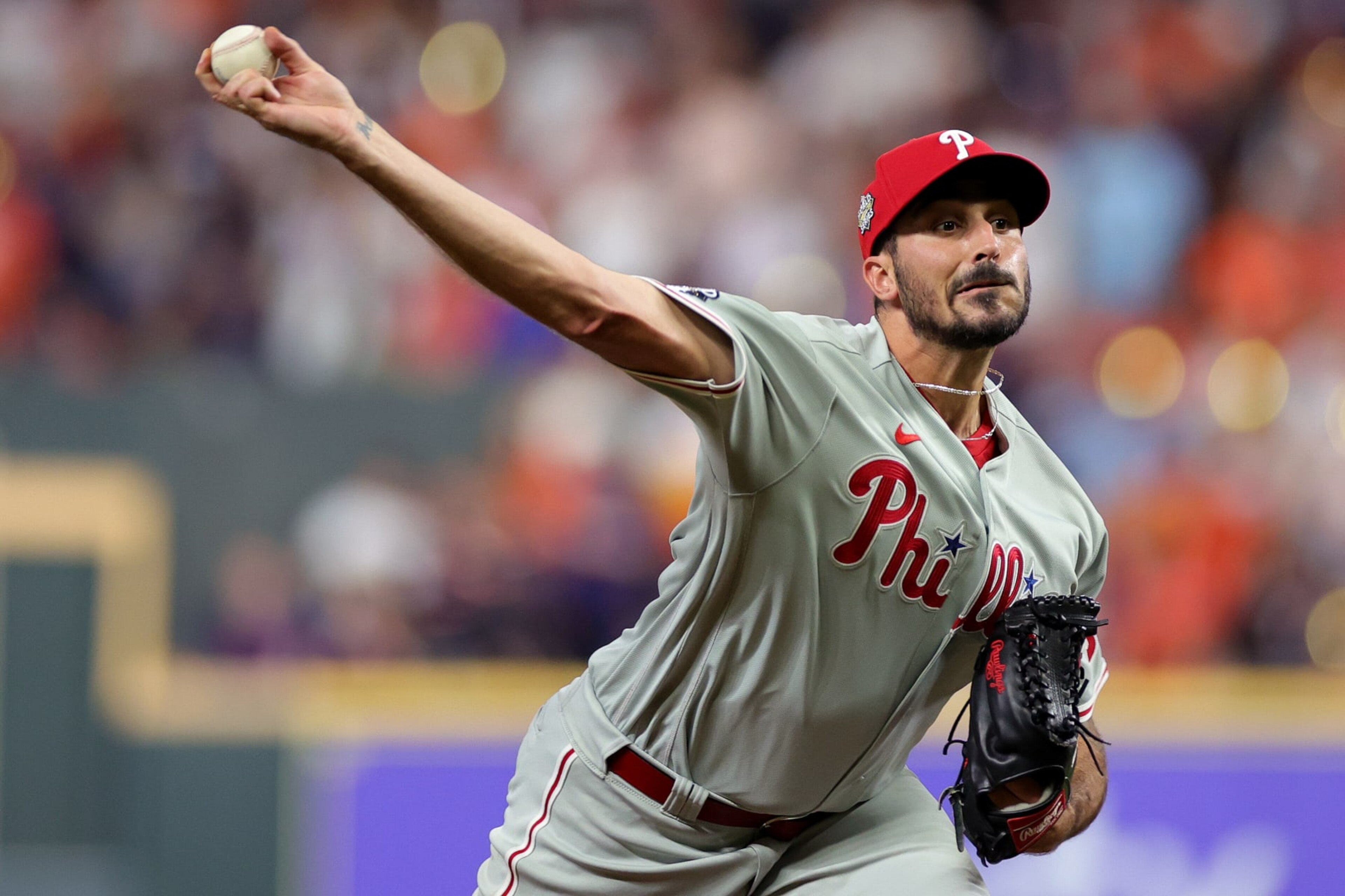 HOUSTON, TEXAS - NOVEMBER 05: Zach Eflin #56 of the Philadelphia Phillies delivers a pitch against the Houston Astros during the seventh inning in Game Six of the 2022 World Series at Minute Maid Park on November 05, 2022 in Houston, Texas. (Photo by Carmen Mandato/Getty Images) HOUSTON, TEXAS - NOVEMBER 05: Zach Eflin #56 of the Philadelphia Phillies delivers a pitch against the Houston Astros during the seventh inning in Game Six of the 2022 World Series at Minute Maid Park on November 05, 2022 in Houston, Texas. (Photo by Carmen Mandato/Getty Images)