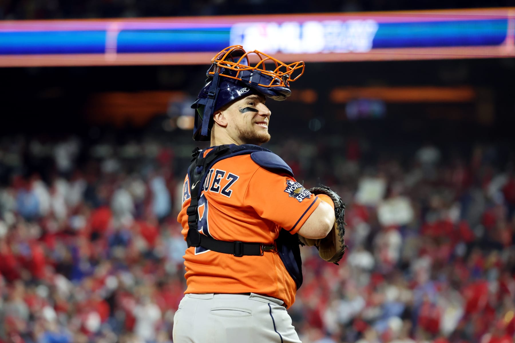PHILADELPHIA, PA - NOVEMBER 02:  Christian Vázquez #9 of the Houston Astros looks on during Game 4 of the 2022 World Series between the Houston Astros and the Philadelphia Phillies at Citizens Bank Park on Wednesday, November 2, 2022 in Philadelphia, Pennsylvania. (Photo by Mary DeCicco/MLB Photos via Getty Images)