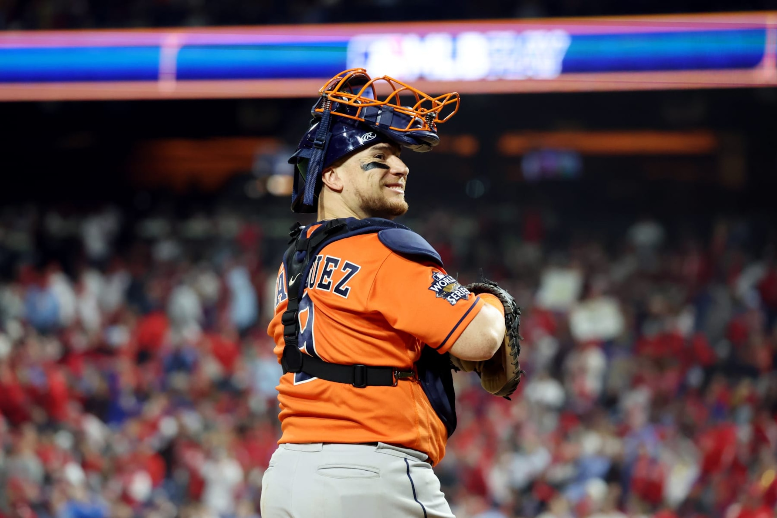 PHILADELPHIA, PA - NOVEMBER 02: Christian Vรกzquez #9 of the Houston Astros looks on during Game 4 of the 2022 World Series between the Houston Astros and the Philadelphia Phillies at Citizens Bank Park on Wednesday, November 2, 2022 in Philadelphia, Pennsylvania. (Photo by Mary DeCicco/MLB Photos via Getty Images) PHILADELPHIA, PA - NOVEMBER 02: Christian Vรกzquez #9 of the Houston Astros looks on during Game 4 of the 2022 World Series between the Houston Astros and the Philadelphia Phillies at Citizens Bank Park on Wednesday, November 2, 2022 in Philadelphia, Pennsylvania. (Photo by Mary DeCicco/MLB Photos via Getty Images)