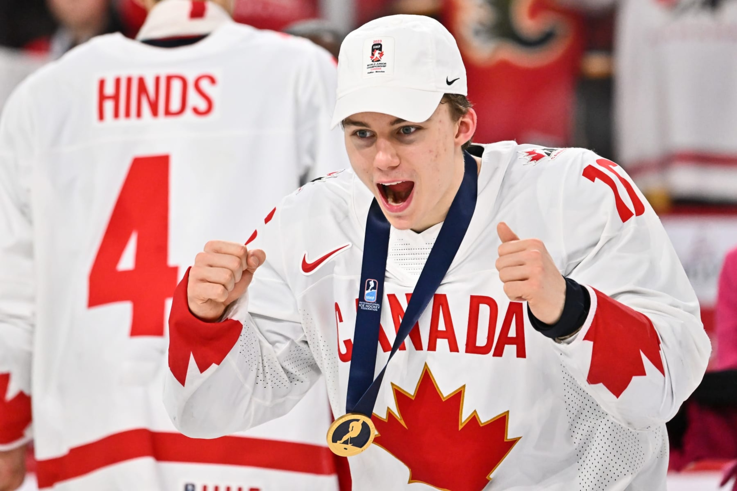 HALIFAX, CANADA - JANUARY 05:  Connor Bedard #16 of Team Canada celebrates after receiving his gold medal at the 2023 IIHF World Junior Championship at Scotiabank Centre on January 5, 2023 in Halifax, Nova Scotia, Canada.  Team Canada defeated Team Czech Republic 3-2 in overtime and become the 2023 IIHF World Junior Champions.  (Photo by Minas Panagiotakis/Getty Images)