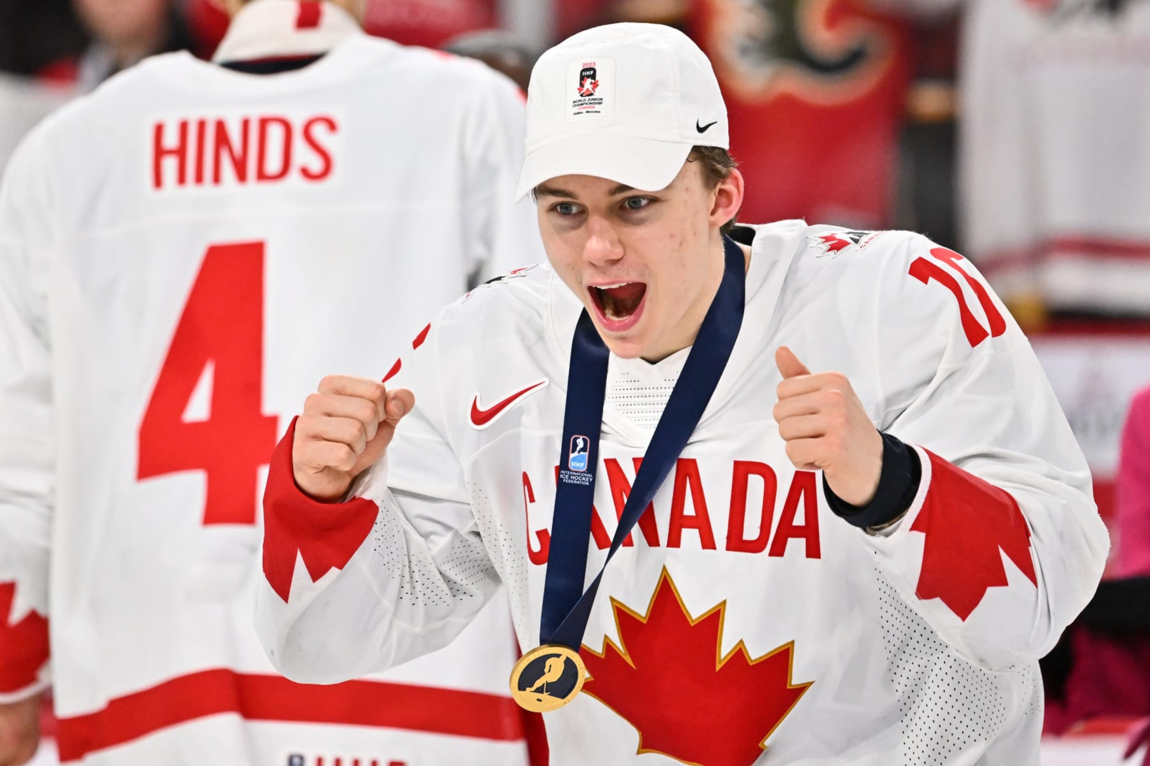 HALIFAX, CANADA - JANUARY 05:  Connor Bedard #16 of Team Canada celebrates after receiving his gold medal at the 2023 IIHF World Junior Championship at Scotiabank Centre on January 5, 2023 in Halifax, Nova Scotia, Canada.  Team Canada defeated Team Czech Republic 3-2 in overtime and become the 2023 IIHF World Junior Champions.  (Photo by Minas Panagiotakis/Getty Images)