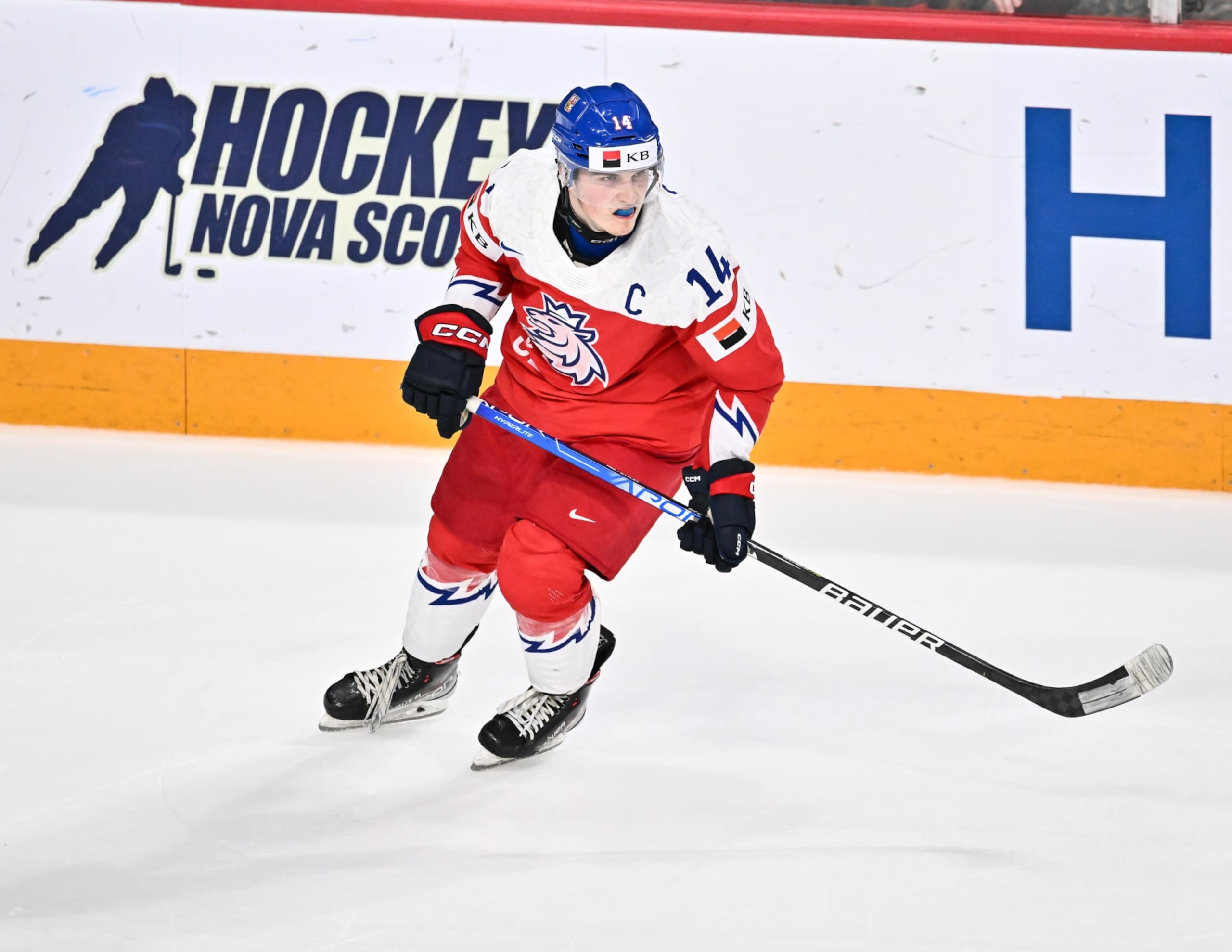 HALIFAX, CANADA - JANUARY 04:  Stanislav Svozil #14 of Team Czech Republic skates during the second period against Team Sweden in the semifinal round of the 2023 IIHF World Junior Championship at Scotiabank Centre on January 4, 2023 in Halifax, Nova Scotia, Canada.  Team Czech Republic defeated Team Sweden 2-1 in overtime.  (Photo by Minas Panagiotakis/Getty Images)