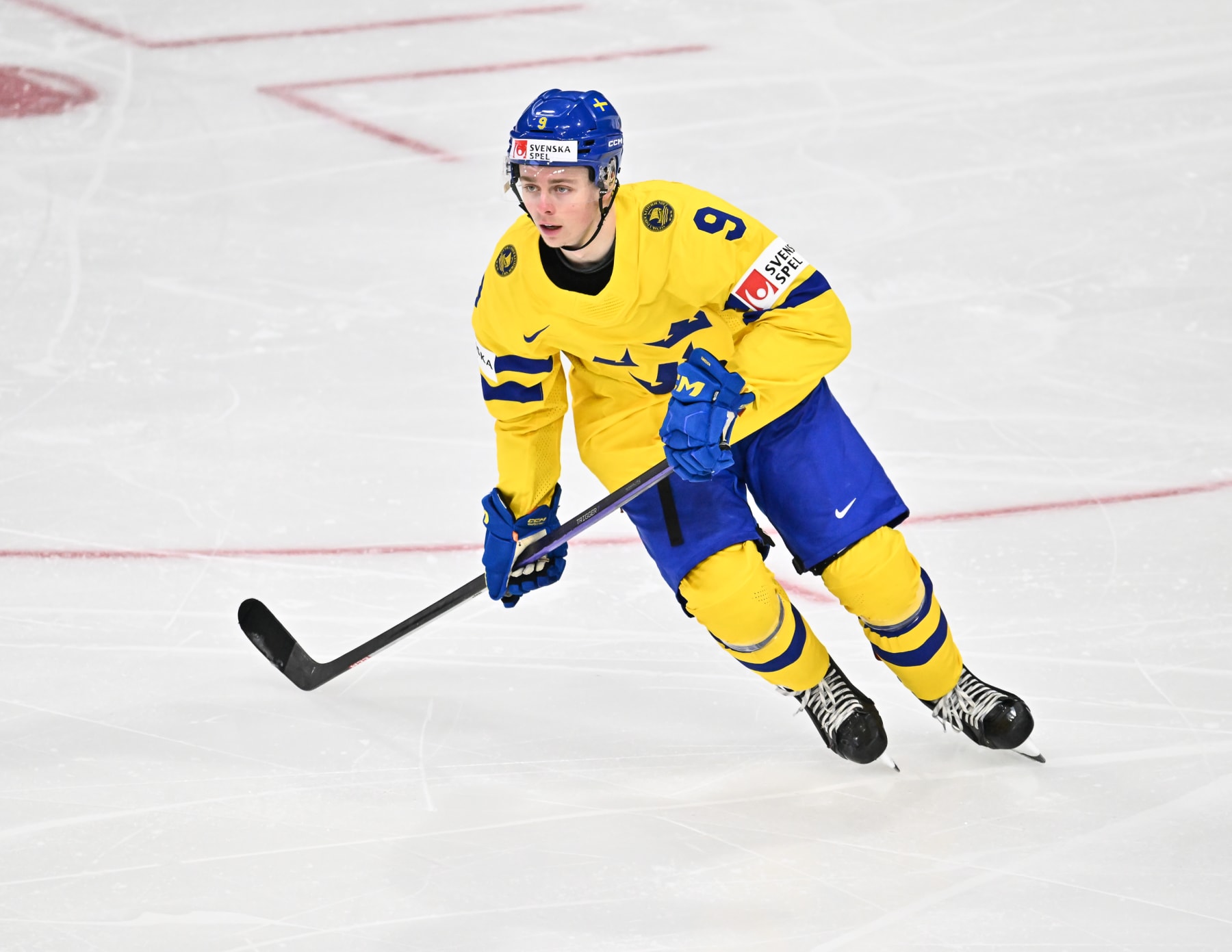 HALIFAX, CANADA - JANUARY 04:  Ludvig Jansson #9 of Team Sweden skates during the second period against Team Czech Republic in the semifinal round of the 2023 IIHF World Junior Championship at Scotiabank Centre on January 4, 2023 in Halifax, Nova Scotia, Canada.  Team Czech Republic defeated Team Sweden 2-1 in overtime.  (Photo by Minas Panagiotakis/Getty Images)