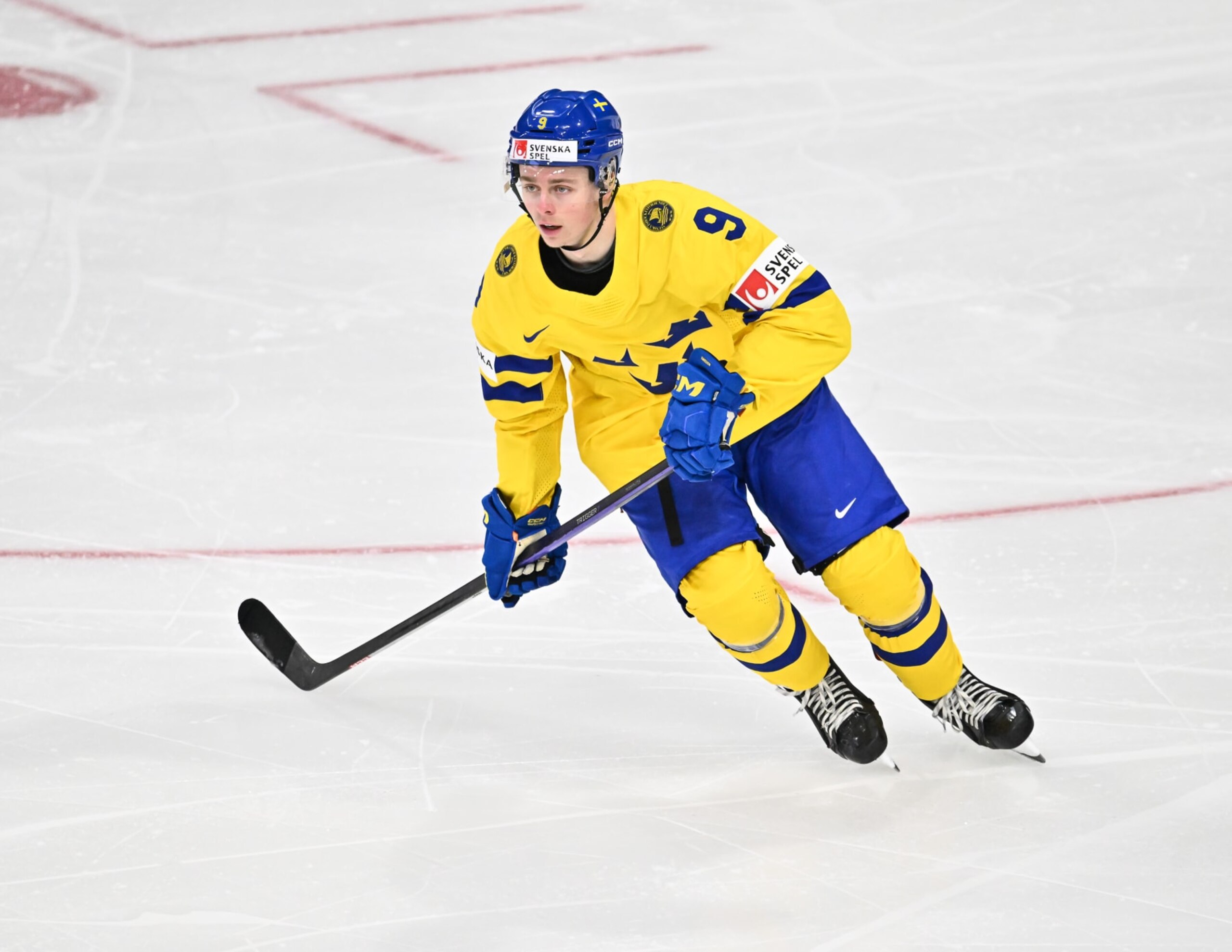 HALIFAX, CANADA - JANUARY 04:  Ludvig Jansson #9 of Team Sweden skates during the second period against Team Czech Republic in the semifinal round of the 2023 IIHF World Junior Championship at Scotiabank Centre on January 4, 2023 in Halifax, Nova Scotia, Canada.  Team Czech Republic defeated Team Sweden 2-1 in overtime.  (Photo by Minas Panagiotakis/Getty Images)