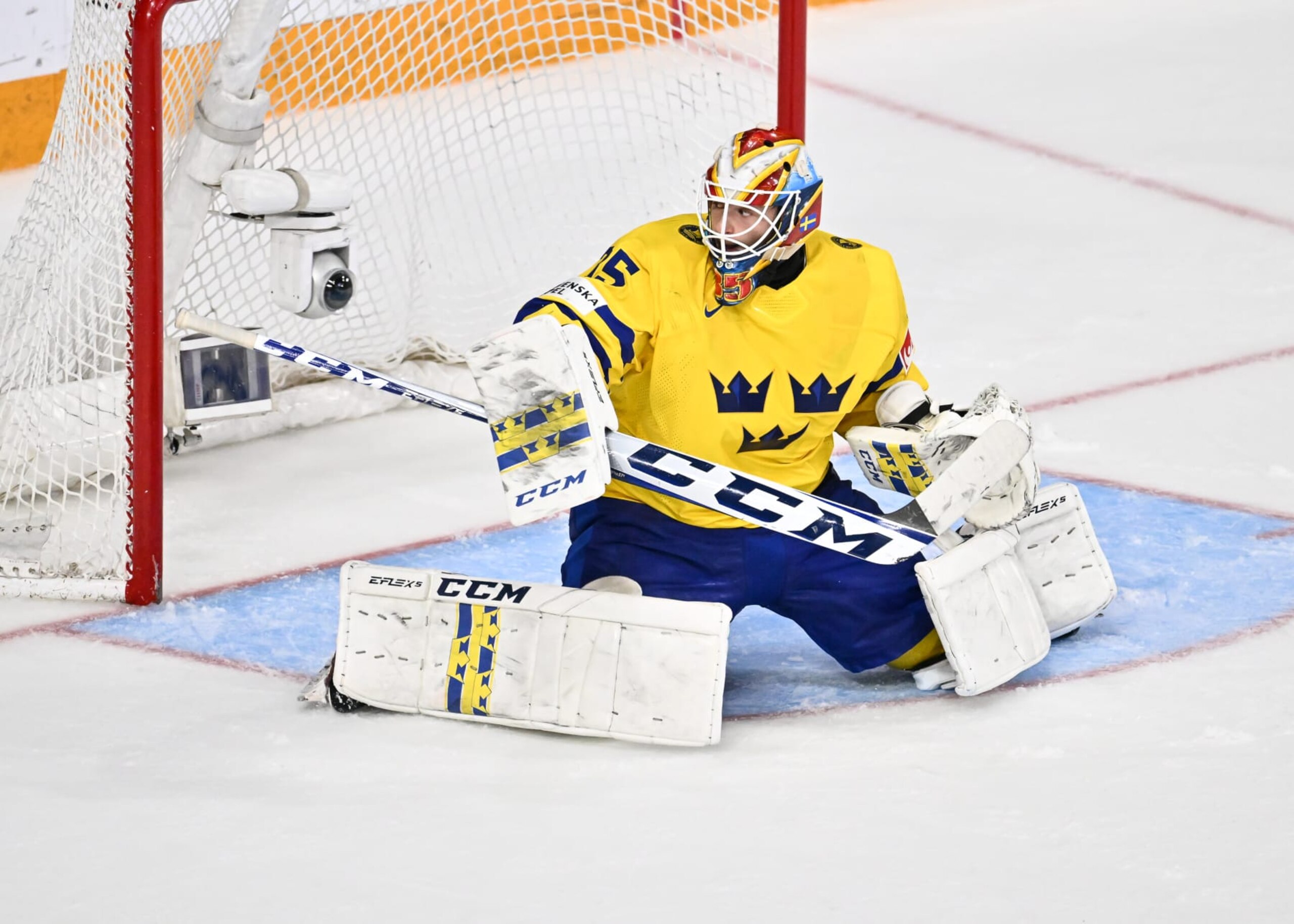 HALIFAX, CANADA - JANUARY 04:  Carl Lindbom #35 of Team Sweden tends net during the third period against Team Czech Republic in the semifinal round of the 2023 IIHF World Junior Championship at Scotiabank Centre on January 4, 2023 in Halifax, Nova Scotia, Canada.  Team Czech Republic defeated Team Sweden 2-1 in overtime.  (Photo by Minas Panagiotakis/Getty Images)