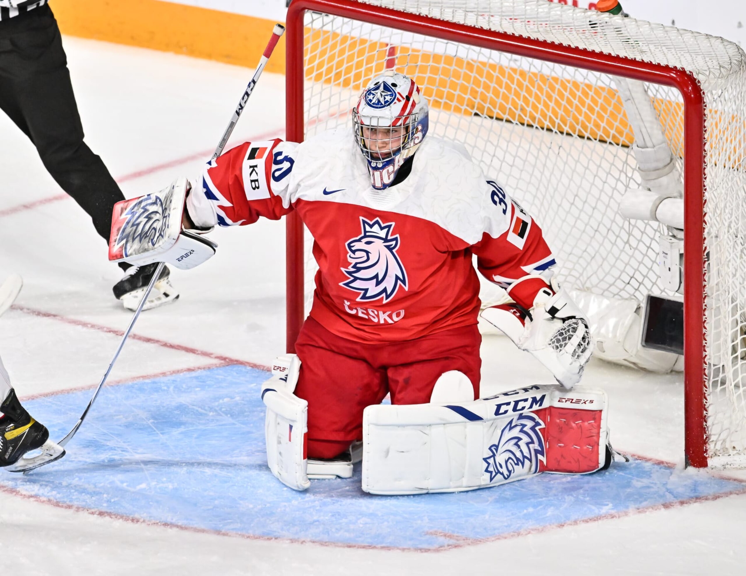 HALIFAX, CANADA - JANUARY 04:  Tomas Suchanek #30 of Team Czech Republic tends net during the first period against Team Sweden in the semifinal round of the 2023 IIHF World Junior Championship at Scotiabank Centre on January 4, 2023 in Halifax, Nova Scotia, Canada.  Team Czech Republic defeated Team Sweden 2-1 in overtime.  (Photo by Minas Panagiotakis/Getty Images)