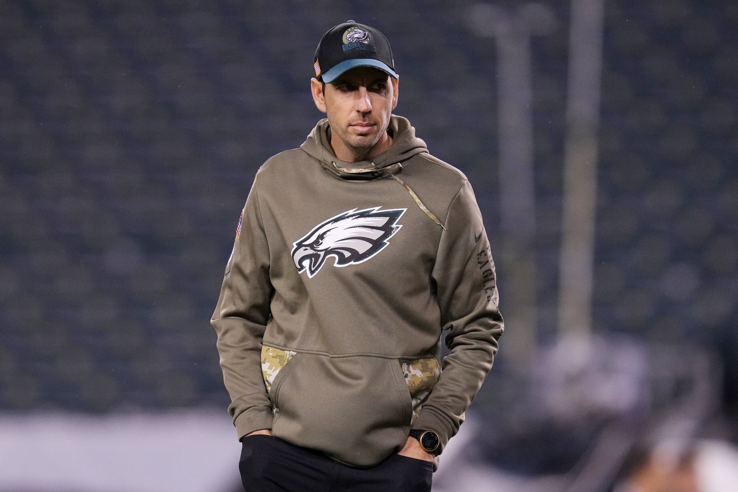PHILADELPHIA, PENNSYLVANIA - NOVEMBER 27: Philadelphia Eagles offensive coordinator Shane Steichen looks on before the game against the Green Bay Packers at Lincoln Financial Field on November 27, 2022 in Philadelphia, Pennsylvania. (Photo by Mitchell Leff/Getty Images)