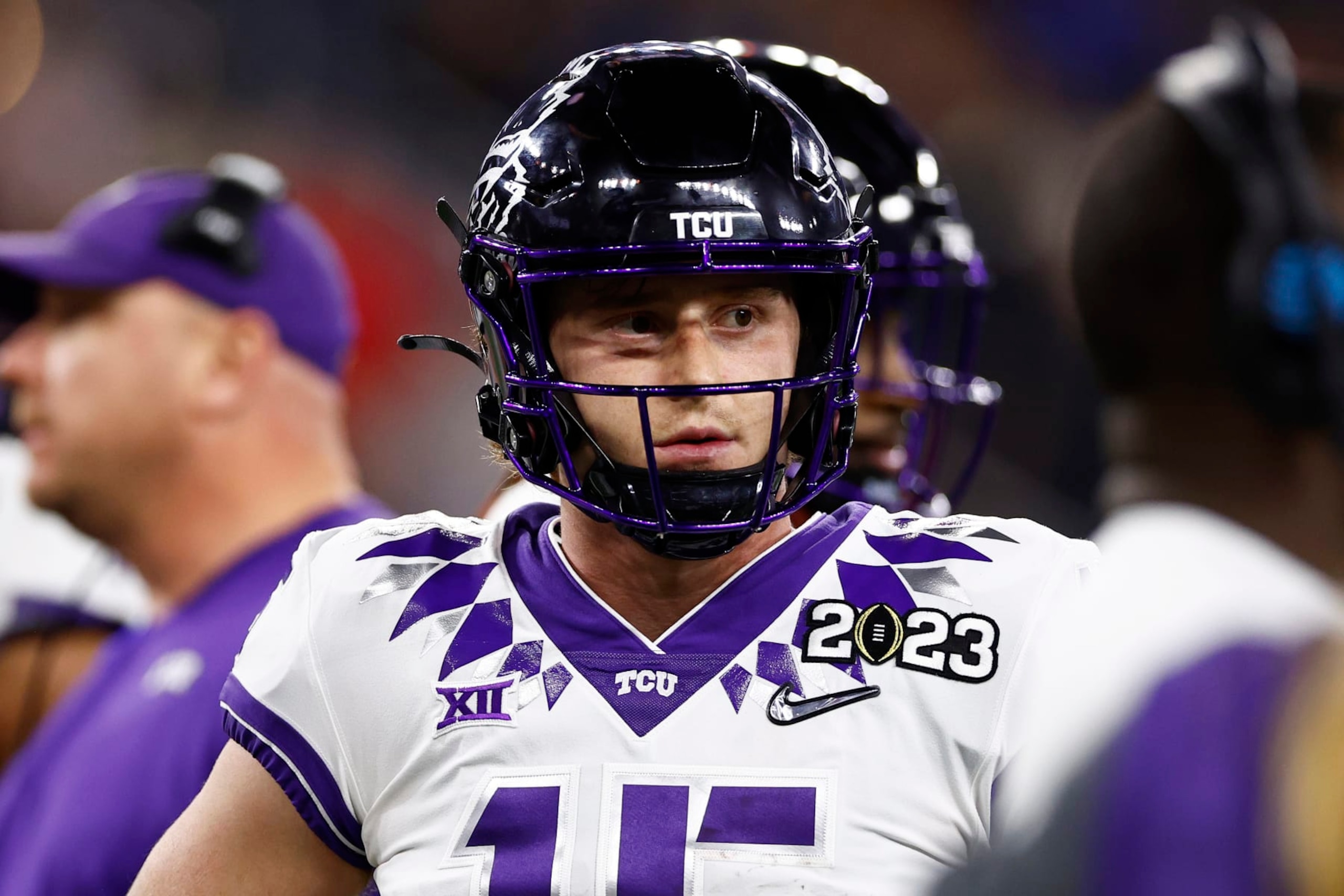INGLEWOOD, CALIFORNIA - JANUARY 09: Max Duggan #15 of the TCU Horned Frogs looks on in the first quarter against the Georgia Bulldogs in the College Football Playoff National Championship game at SoFi Stadium on January 09, 2023 in Inglewood, California. (Photo by Ronald Martinez/Getty Images)