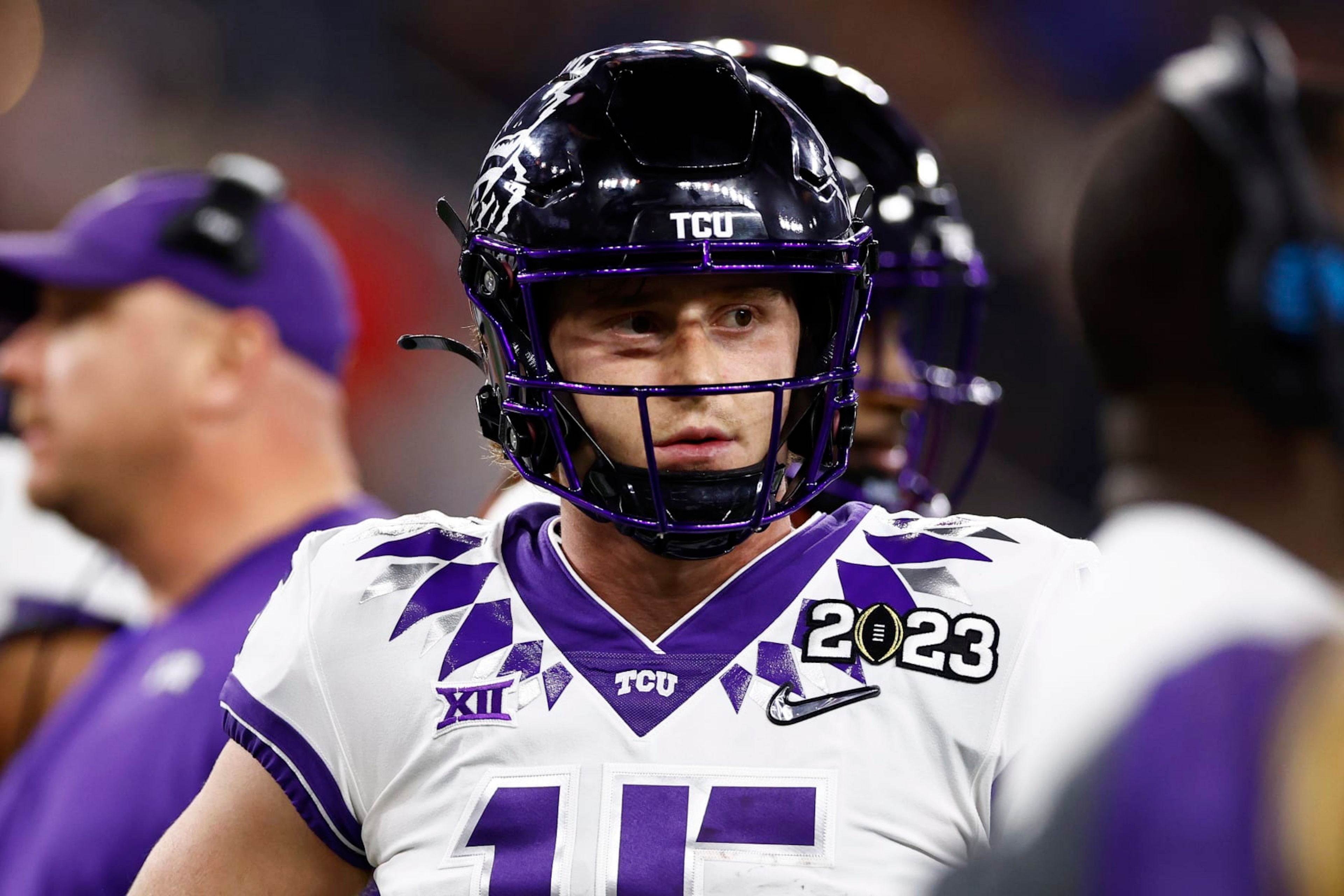 INGLEWOOD, CALIFORNIA - JANUARY 09: Max Duggan #15 of the TCU Horned Frogs looks on in the first quarter against the Georgia Bulldogs in the College Football Playoff National Championship game at SoFi Stadium on January 09, 2023 in Inglewood, California. (Photo by Ronald Martinez/Getty Images)